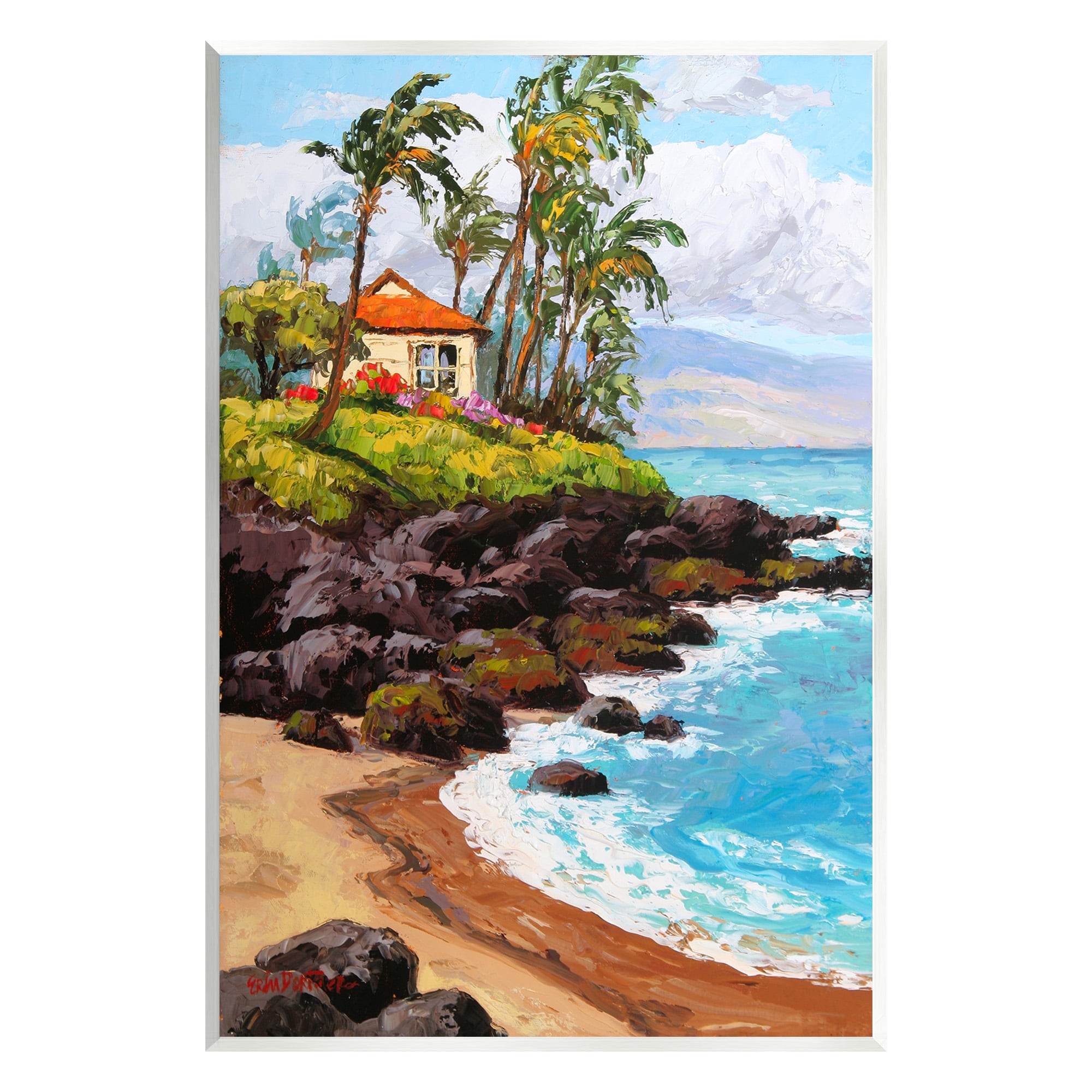 Tropical Cottage Cove Landscape Painting on MDF Wood, 13 x 19