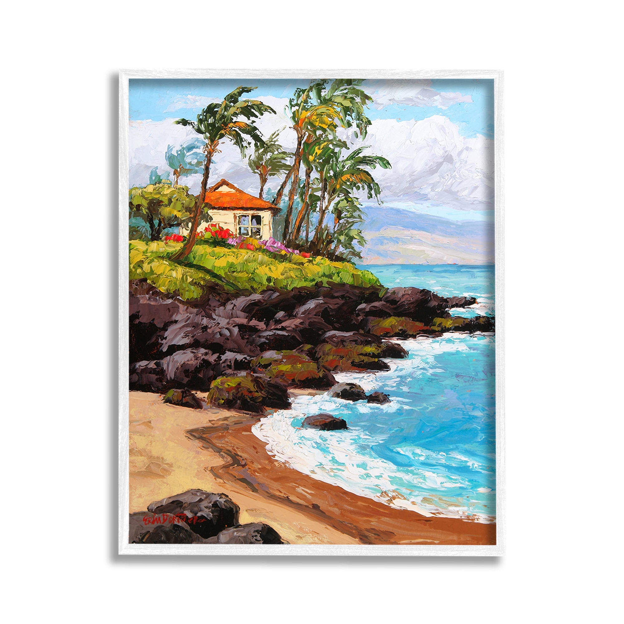 Stupell Industries Tropical Cottage Cove Landscape Painting White Framed Art Print Wall Art, 11 x 14