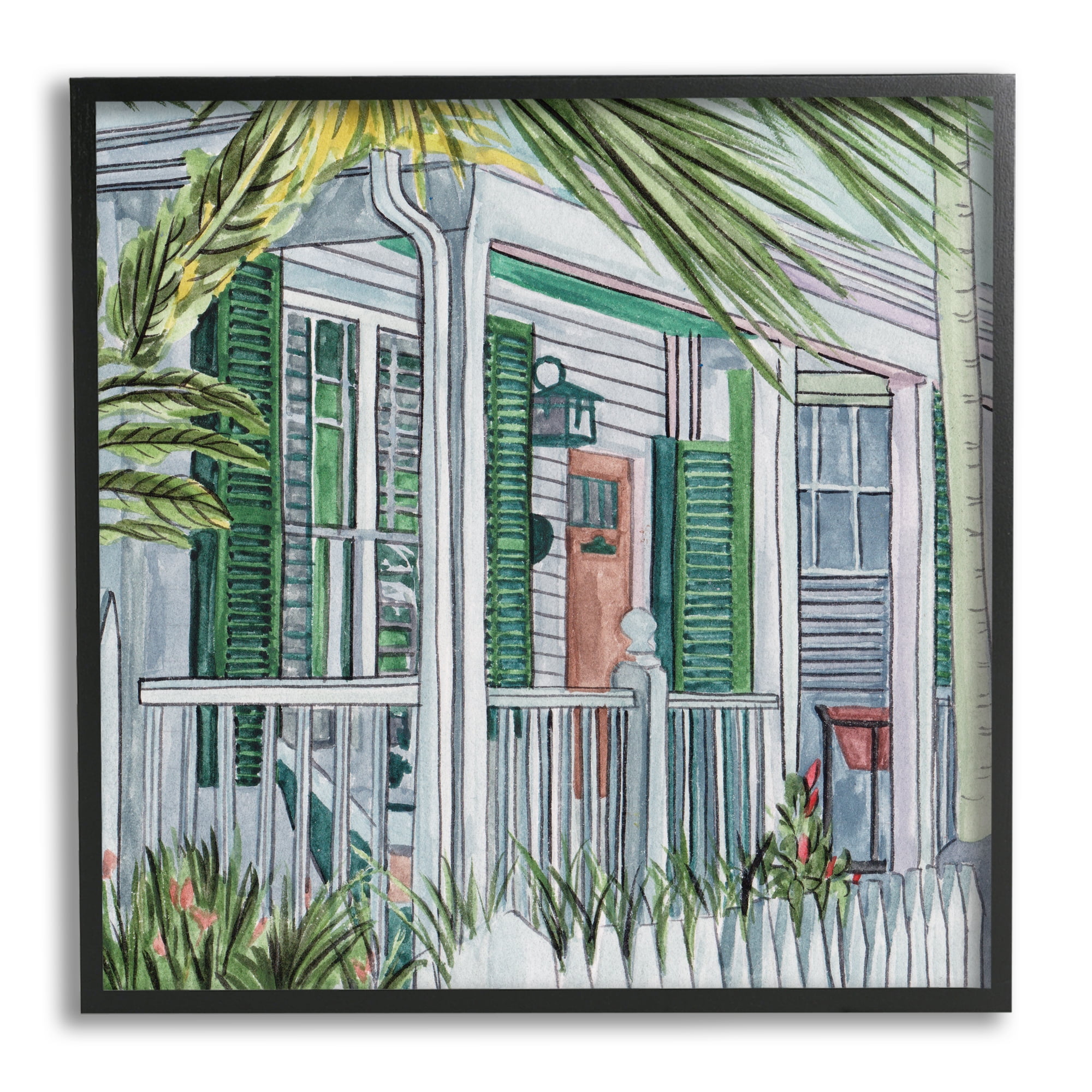 Stupell Industries Tropical Cottage Porch Botanical & Floral Painting Black Framed Art Print Wall Art, 24 x 24