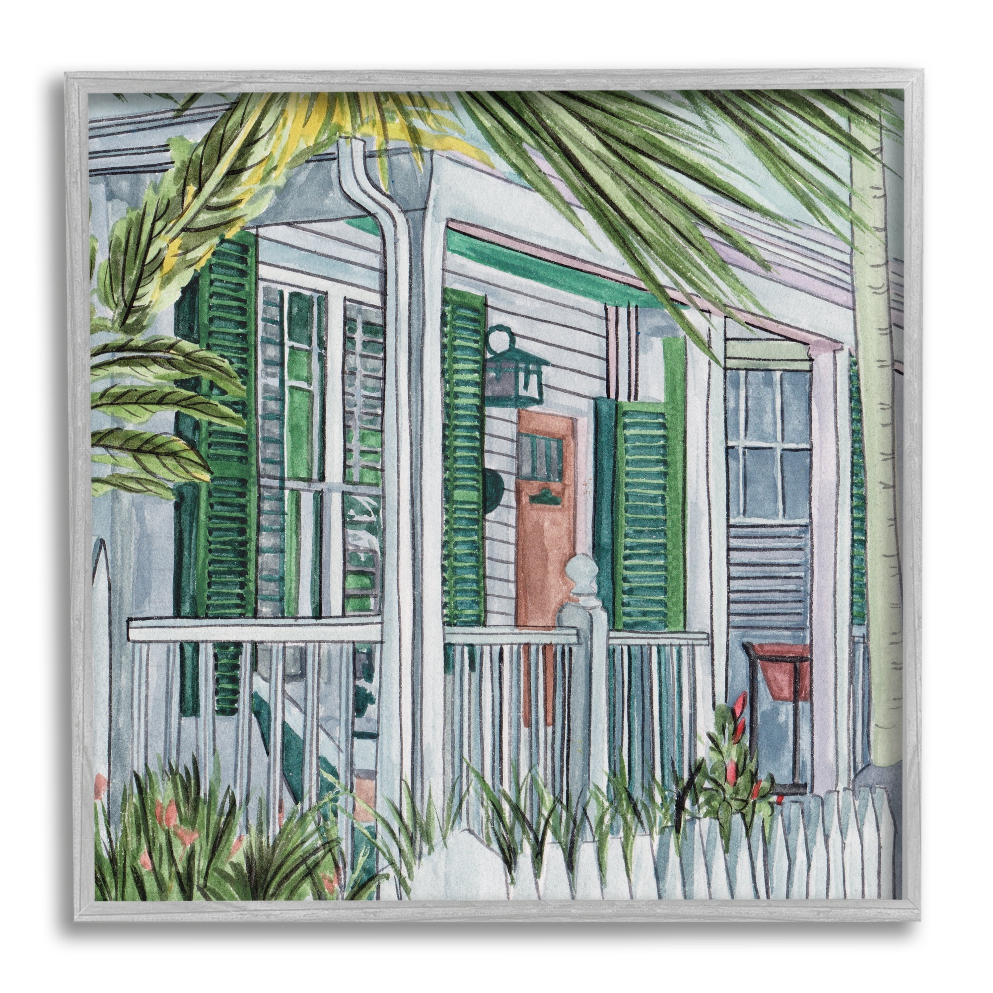 Stupell Industries Tropical Cottage Porch Botanical & Floral Painting Gray Framed Art Print Wall Art, 12 x 12