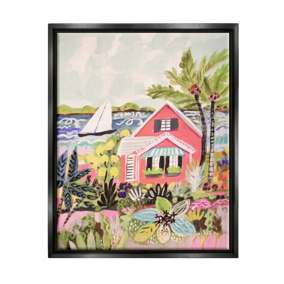 Stupell Industries Tropical Cottage Scenery Landscape Painting Black Floater Framed Canvas Art Print Wall Art, 17 x 21