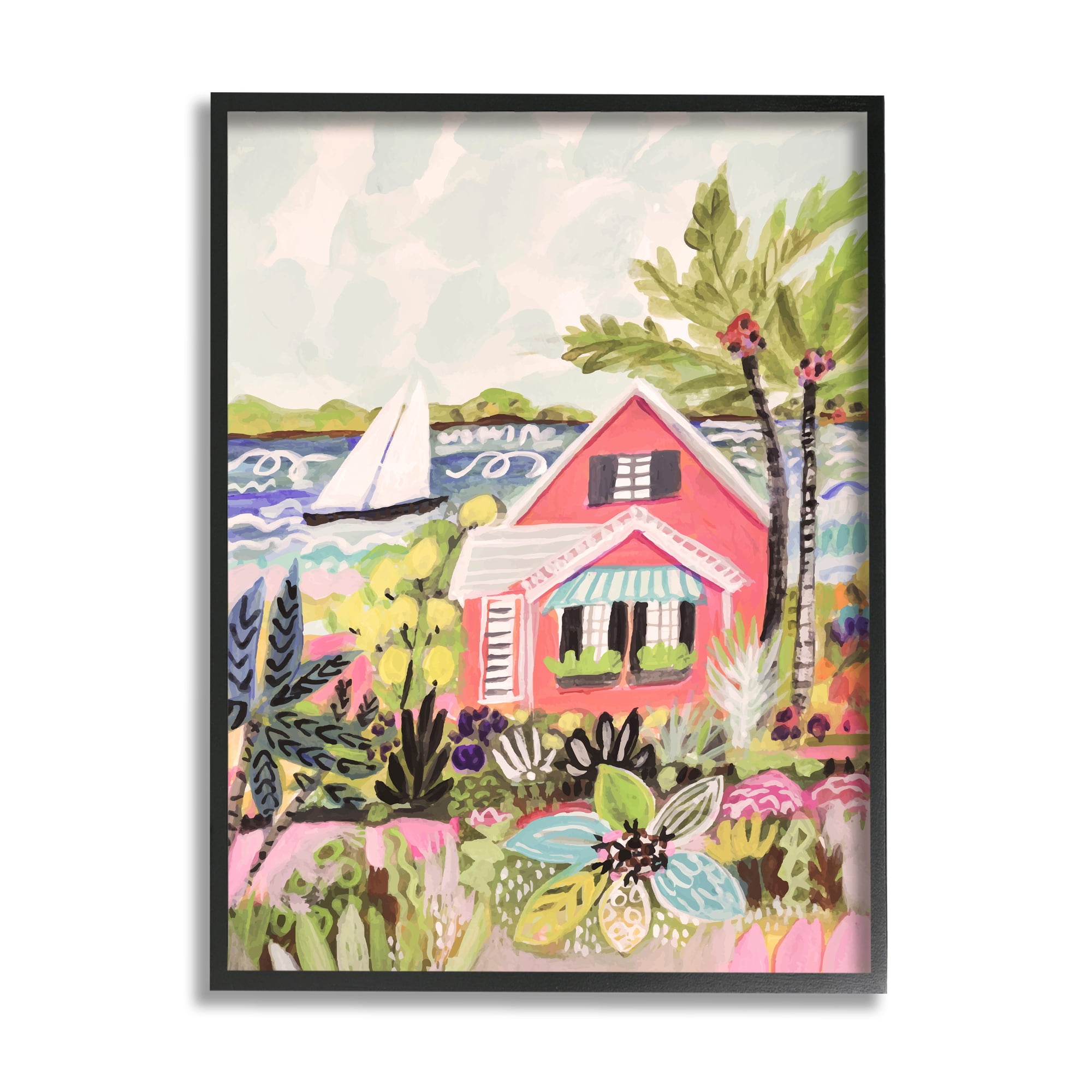 Stupell Industries Tropical Cottage Scenery Landscape Painting Black Framed Art Print Wall Art, 16 x 20
