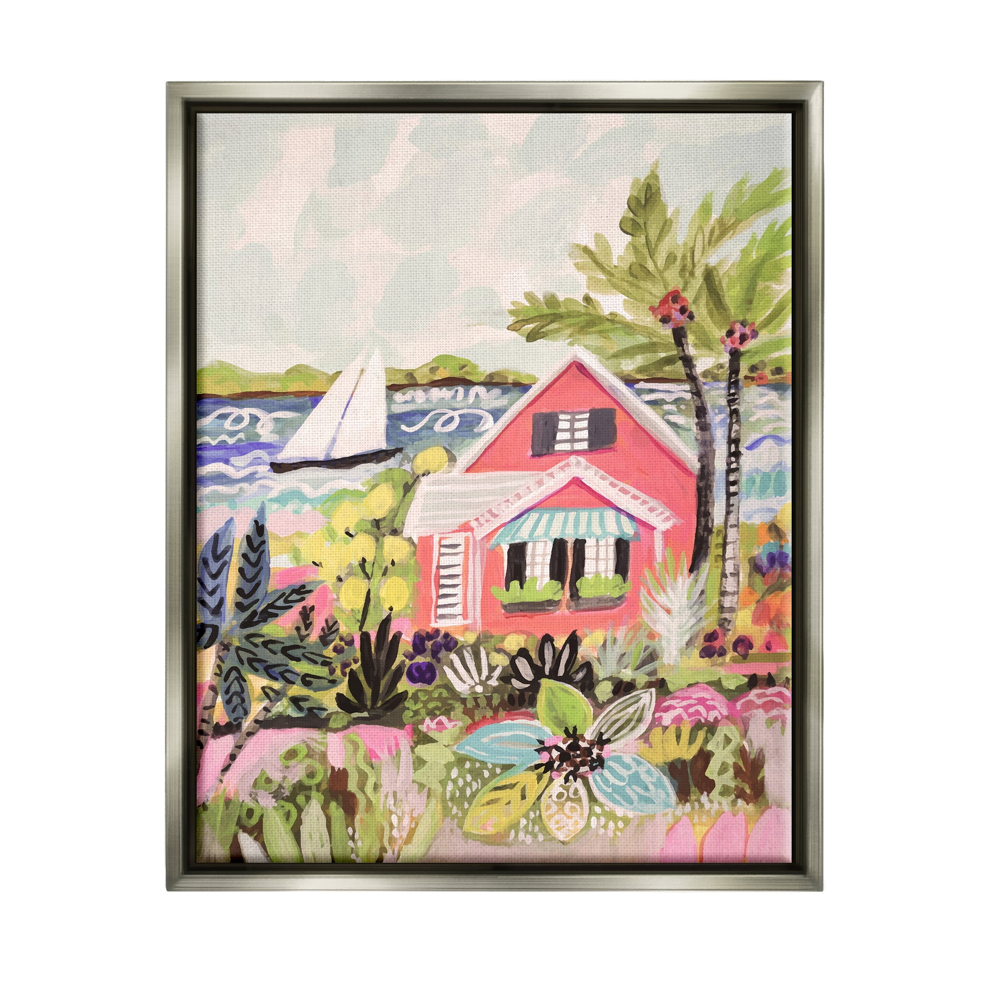 Stupell Industries Tropical Cottage Scenery Landscape Painting Gray Floater Framed Canvas Art Print Wall Art, 17 x 21