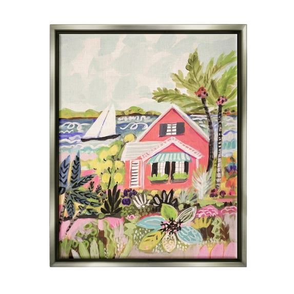 Stupell Industries Tropical Cottage Scenery Landscape Painting Gray Floater Framed Canvas Art Print Wall Art, 25 x 31