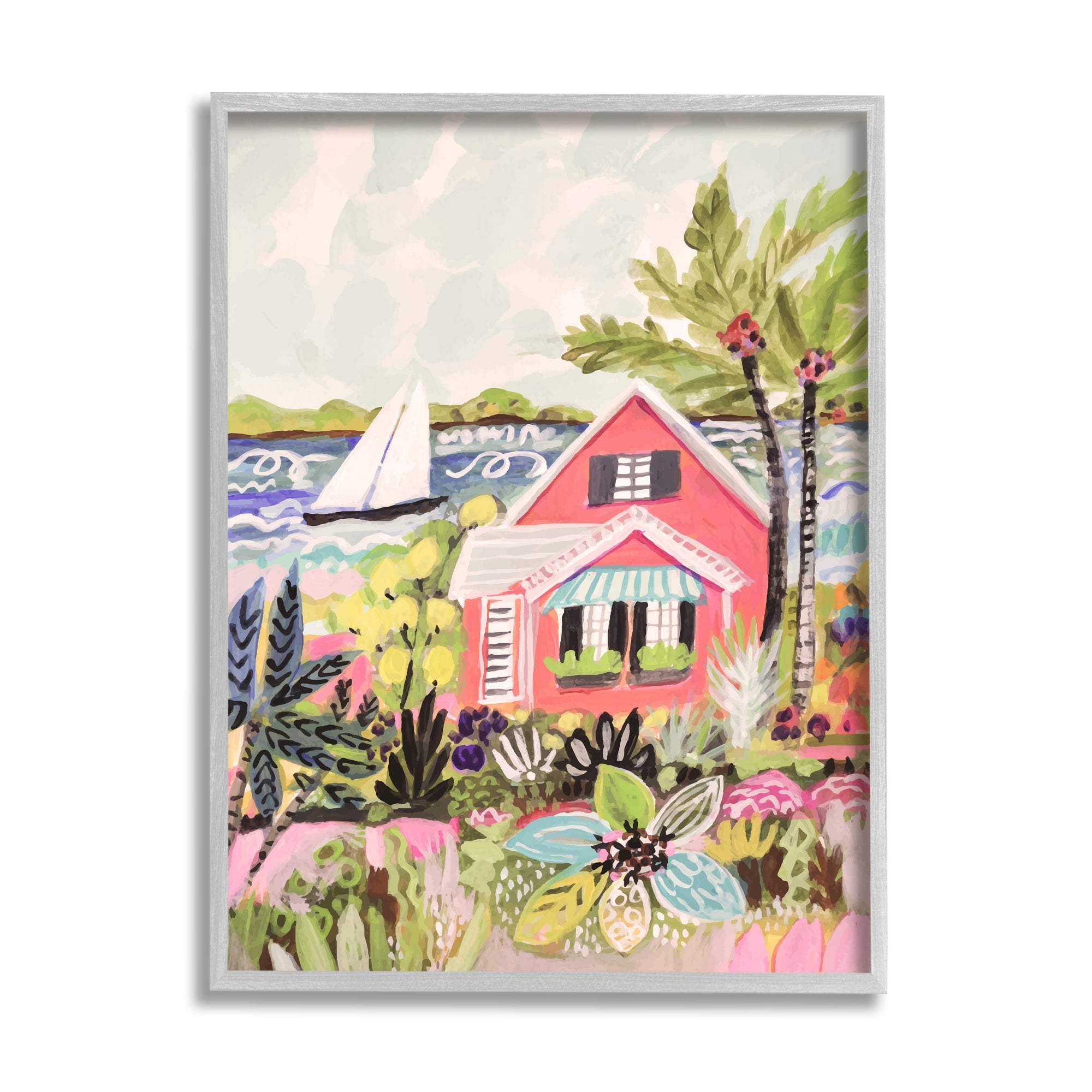 Stupell Industries Tropical Cottage Scenery Landscape Painting Gray Framed Art Print Wall Art, 11 x 14
