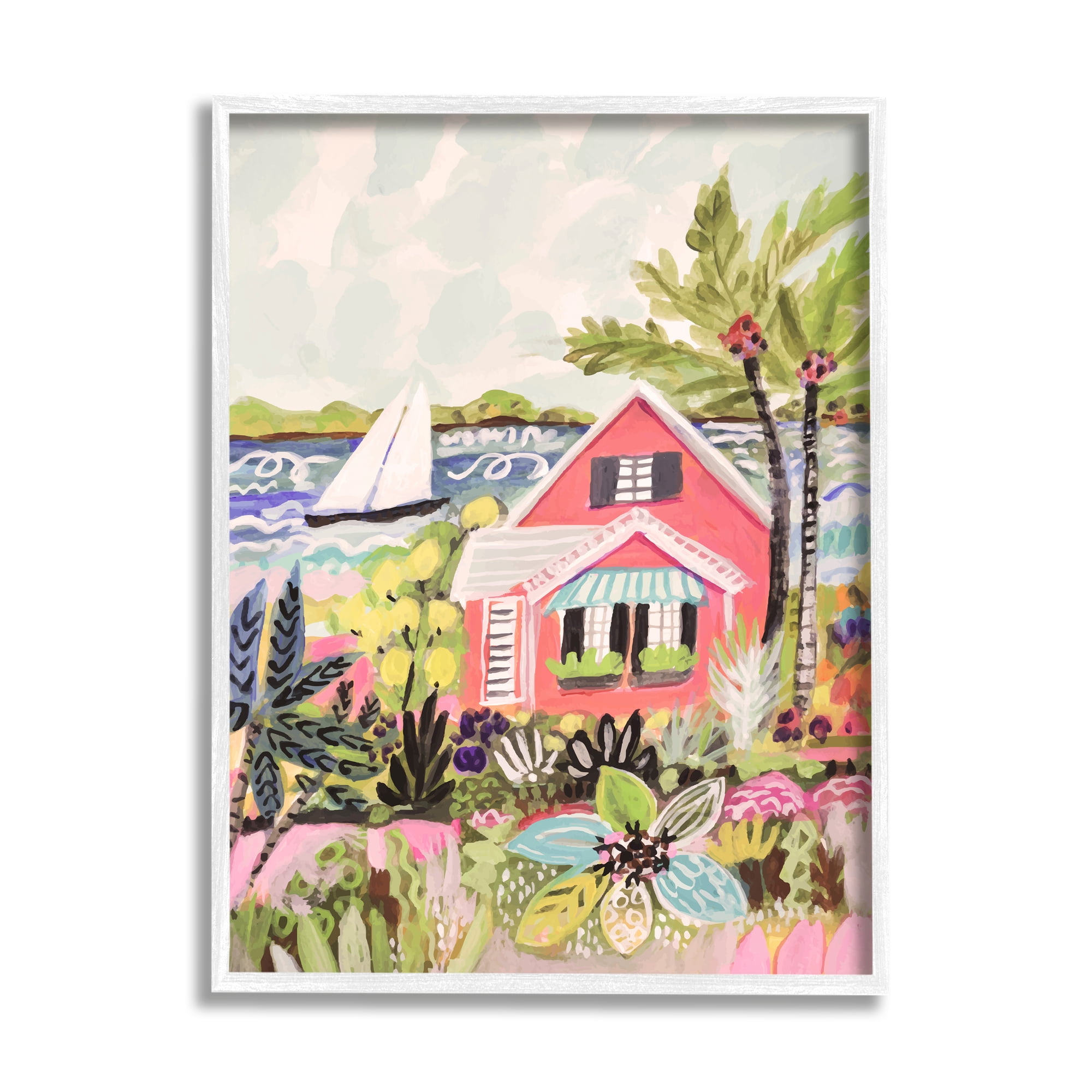 Tropical Cottage Scenery Landscape Print on Canvas with White Frame