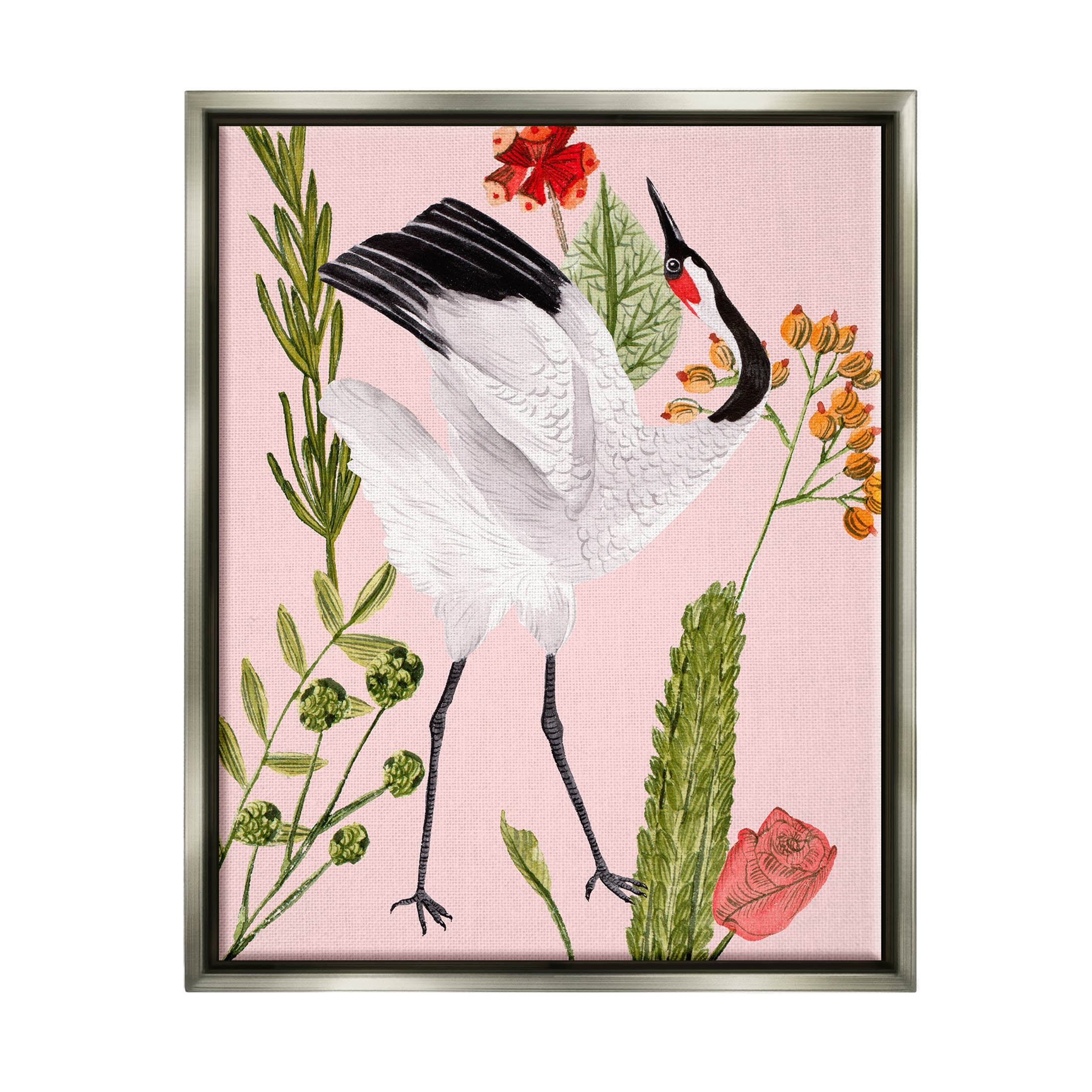 Stupell Industries Tropical Crane Bird Botanicals Graphic Art Luster Gray Floating Framed Canvas Print Wall Art, Design by Melissa Wang