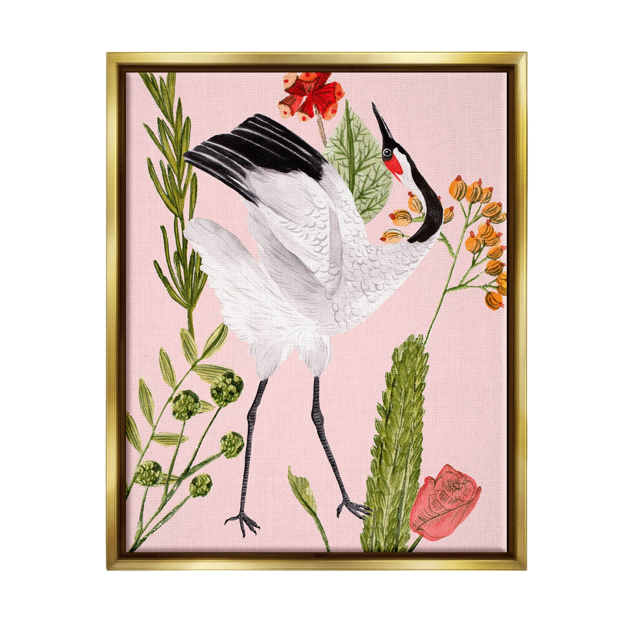 Stupell Industries Tropical Crane Bird Botanicals Graphic Art Metallic Gold Floating Framed Canvas Print Wall Art, Design by Melissa Wang