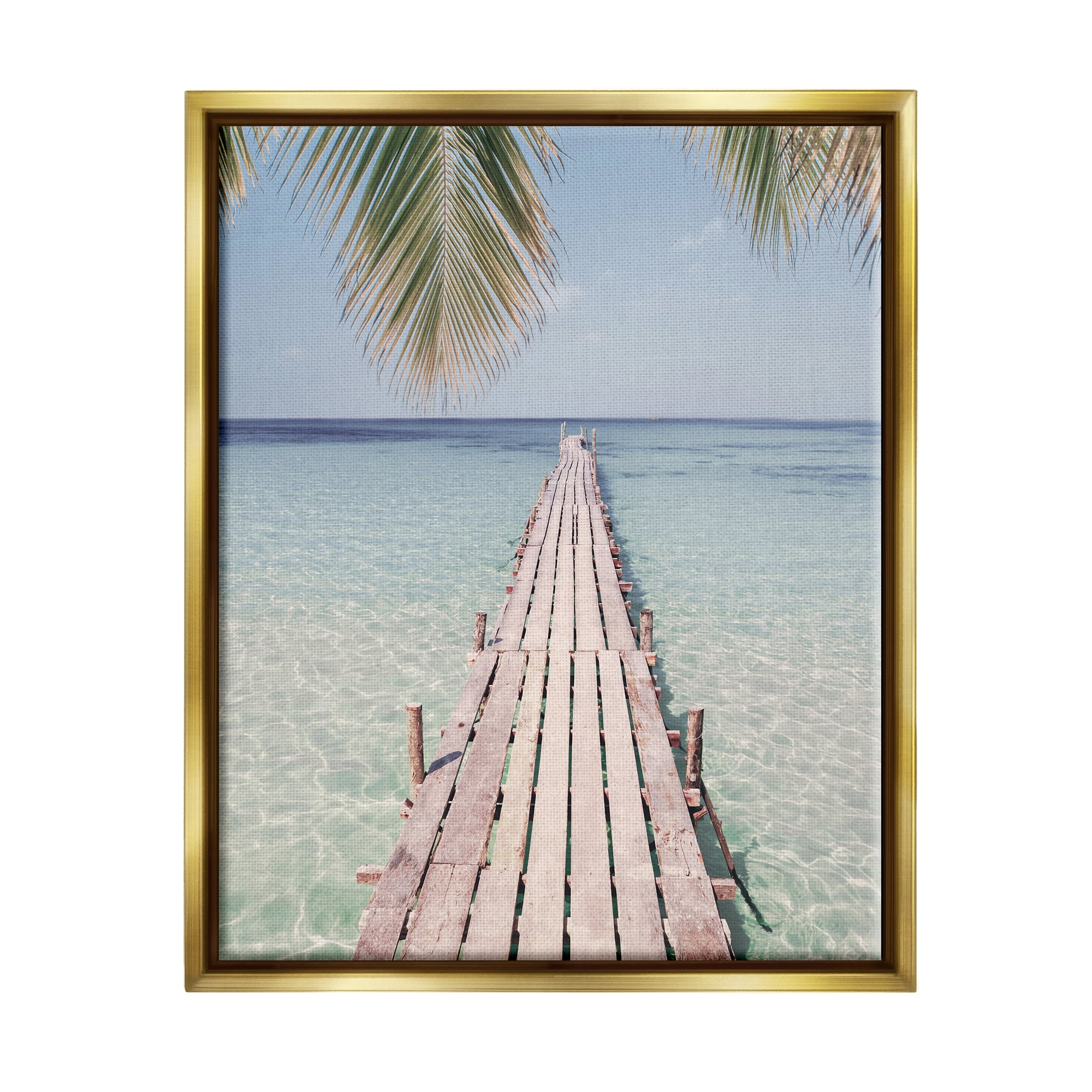 Stupell Industries Tropical Dock on Beach Nature Photography Gold Floater Framed Art Print Wall Art, 25 x 31