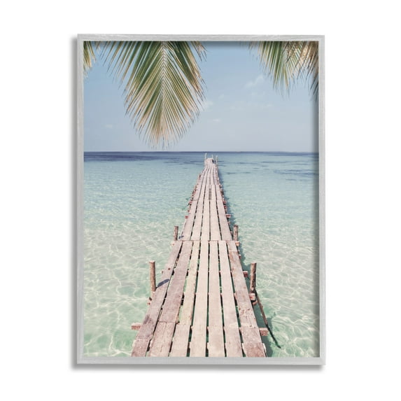 Stupell Industries Tropical Dock on Beach Nature Photography Gray Framed Art Print Wall Art, 16 x 20