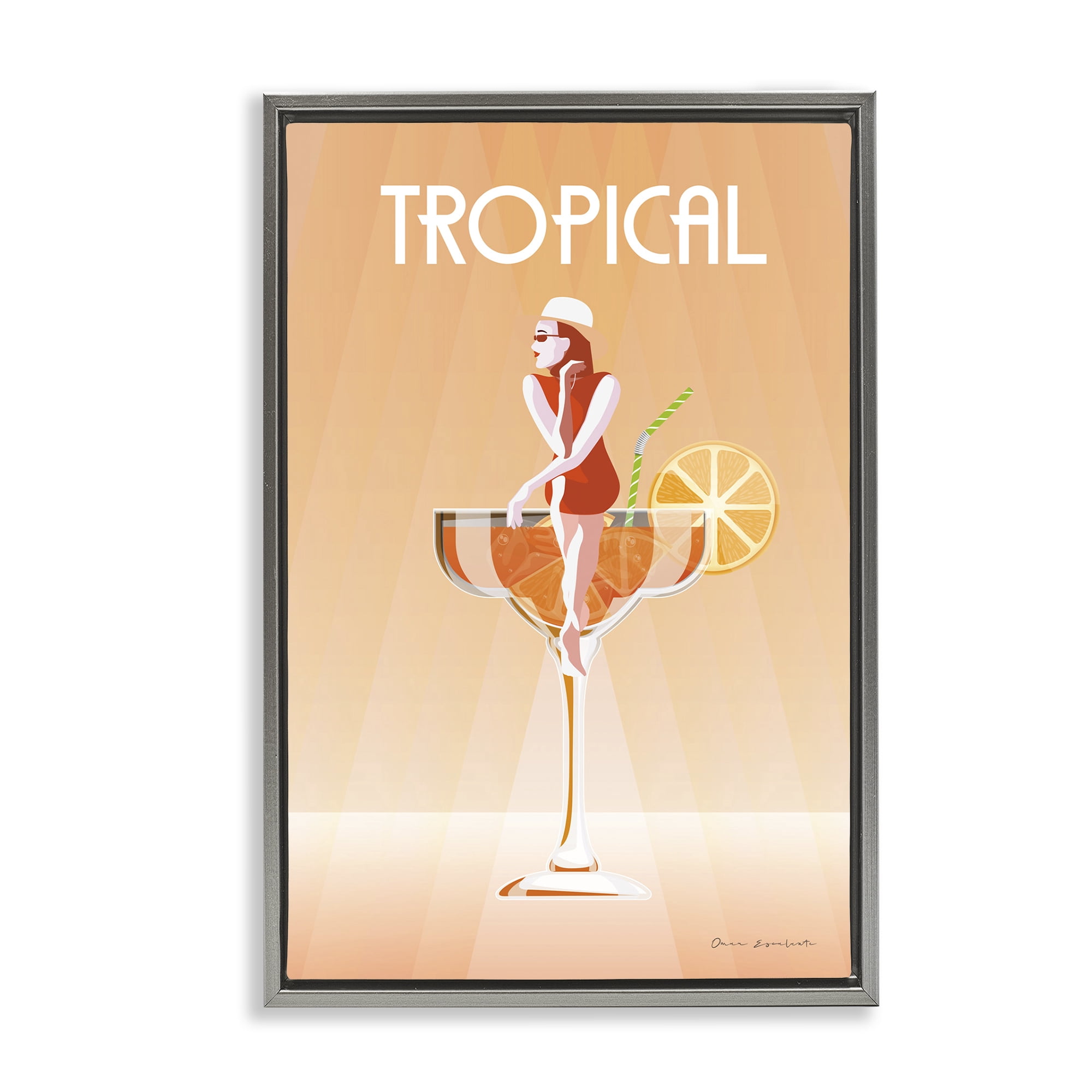 Stupell Industries Tropical Drink Girl Food & Beverage Painting Gray Floater Framed Art Print Wall Art, 21 x 31