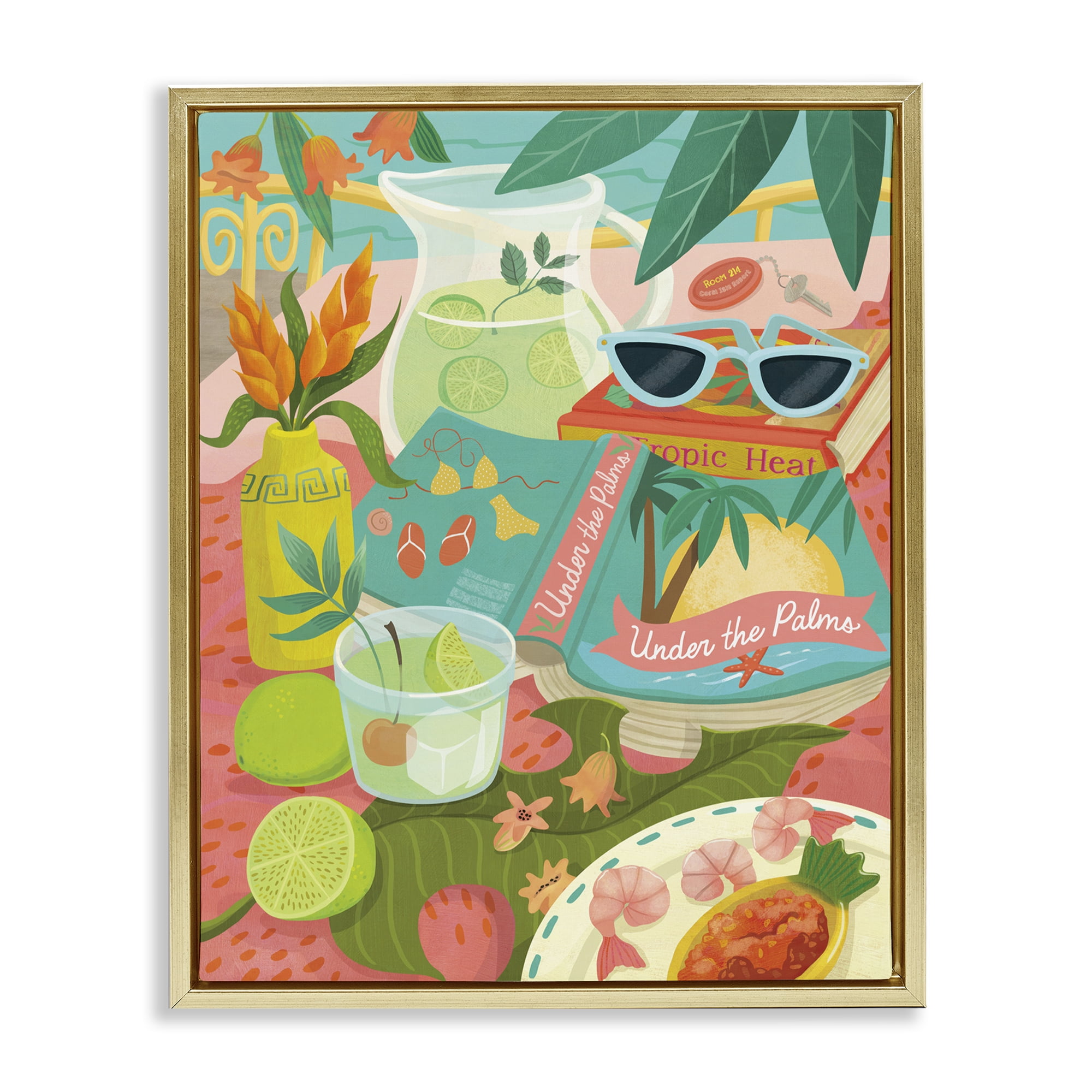 Stupell Industries Tropical Drinks on Beach Food & Beverage Painting Gold Floater Framed Canvas Art Print Wall Art, 25 x 31