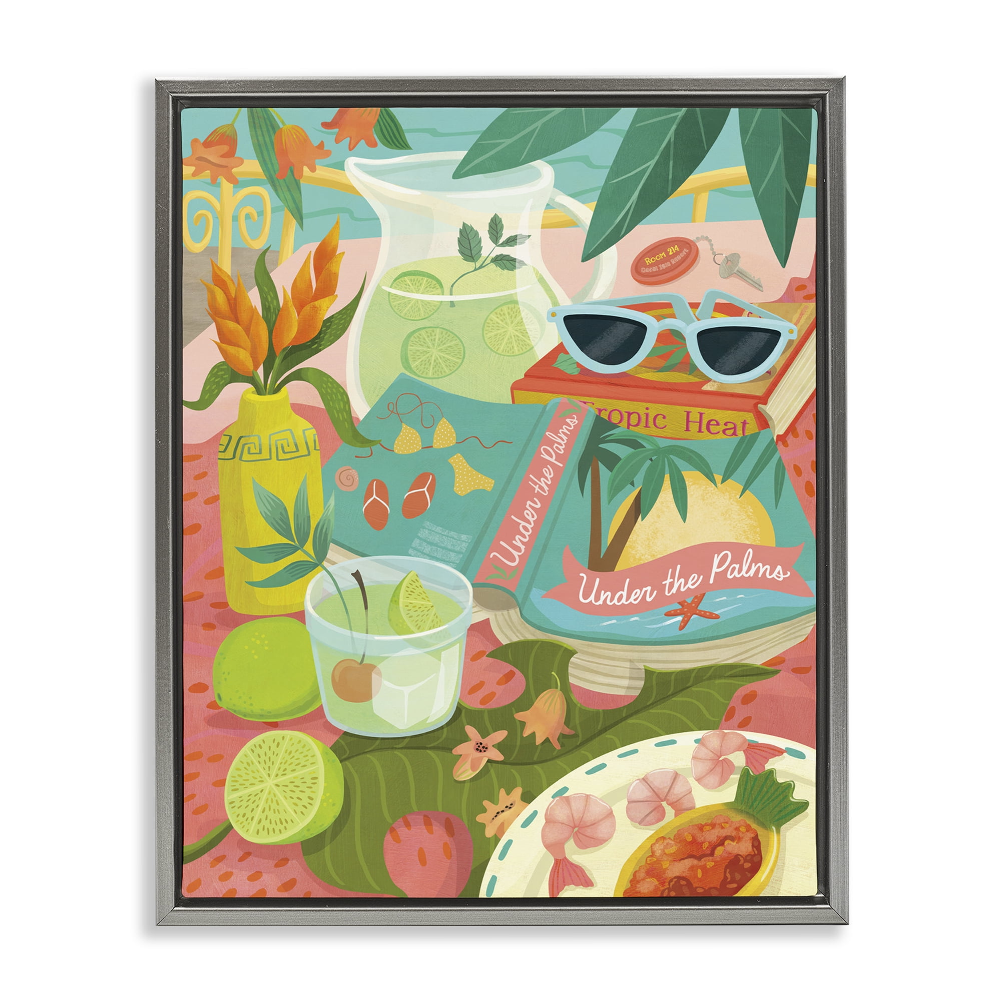 Stupell Industries Tropical Drinks on Beach Food & Beverage Painting Gray Floater Framed Canvas Art Print Wall Art, 25 x 31