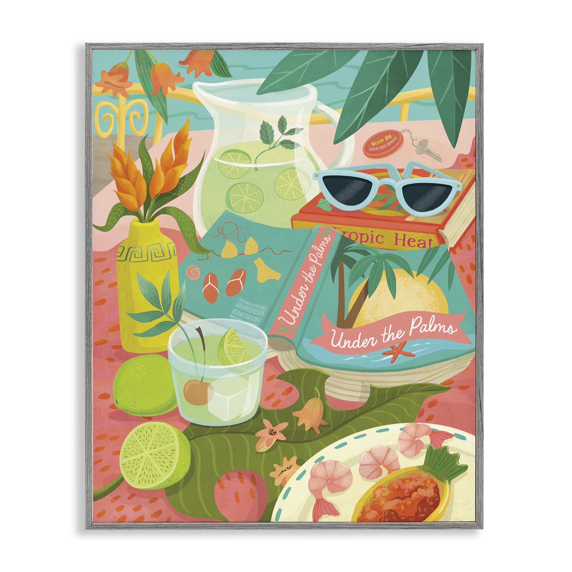 Stupell Industries Tropical Drinks on Beach Food & Beverage Painting Gray Framed Art Print Wall Art, 16 x 20