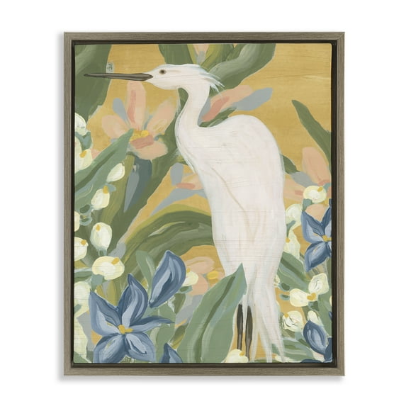 Stupell Industries Tropical Egret Painting Animals & Insects Painting Brown Floater Framed Canvas Art Print Wall Art, 17 x 21