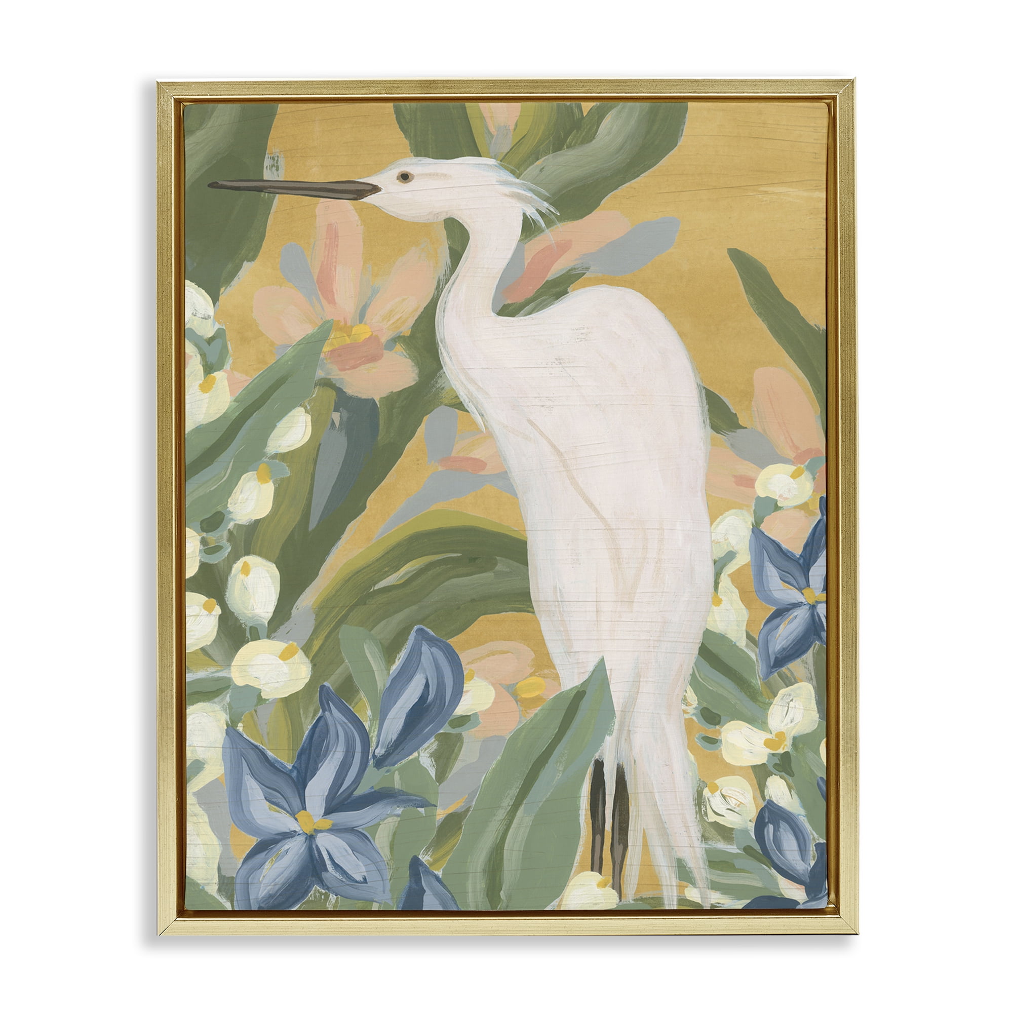 Stupell Industries Tropical Egret Painting Animals & Insects Painting Gold Floater Framed Canvas Art Print Wall Art, 17 x 21