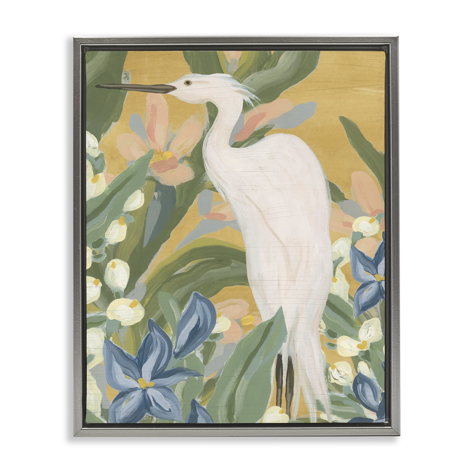 Stupell Industries Tropical Egret Painting Animals & Insects Painting Gray Floater Framed Canvas Art Print Wall Art, 17 x 21