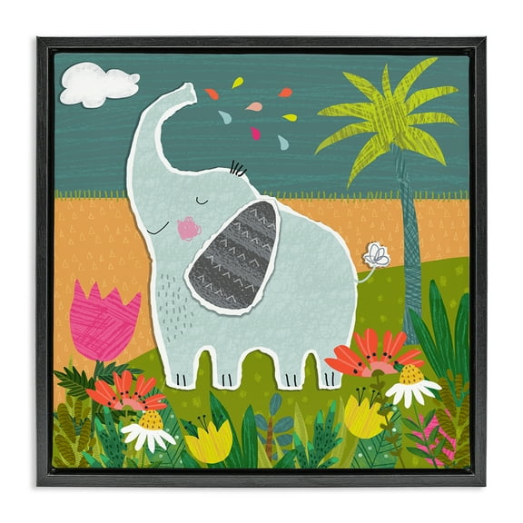 Stupell Industries Tropical Elephant Scene Animals Painting Black Floater Framed Canvas Art Print Wall Art, 18 x 18