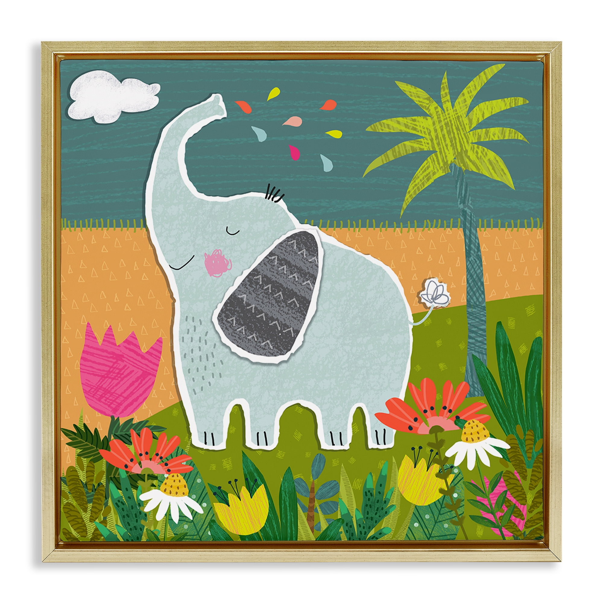 Stupell Industries Tropical Elephant Scene Animals Painting Gold Floater Framed Canvas Art Print Wall Art, 25 x 25