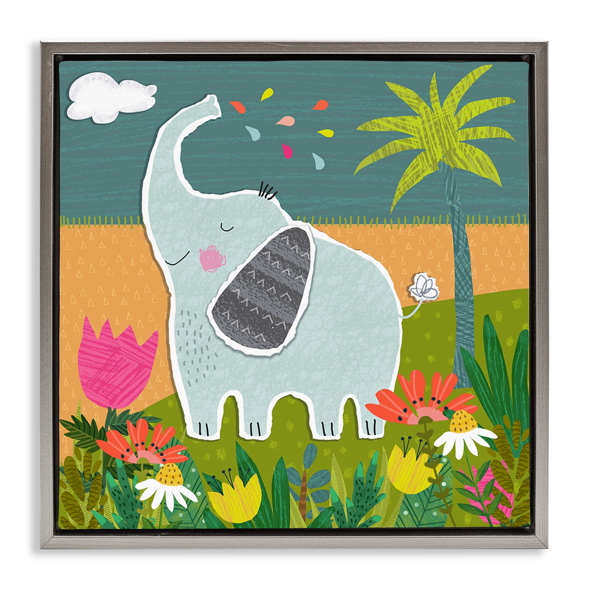 Stupell Industries Tropical Elephant Scene Animals Painting Gray Floater Framed Canvas Art Print Wall Art, 18 x 18