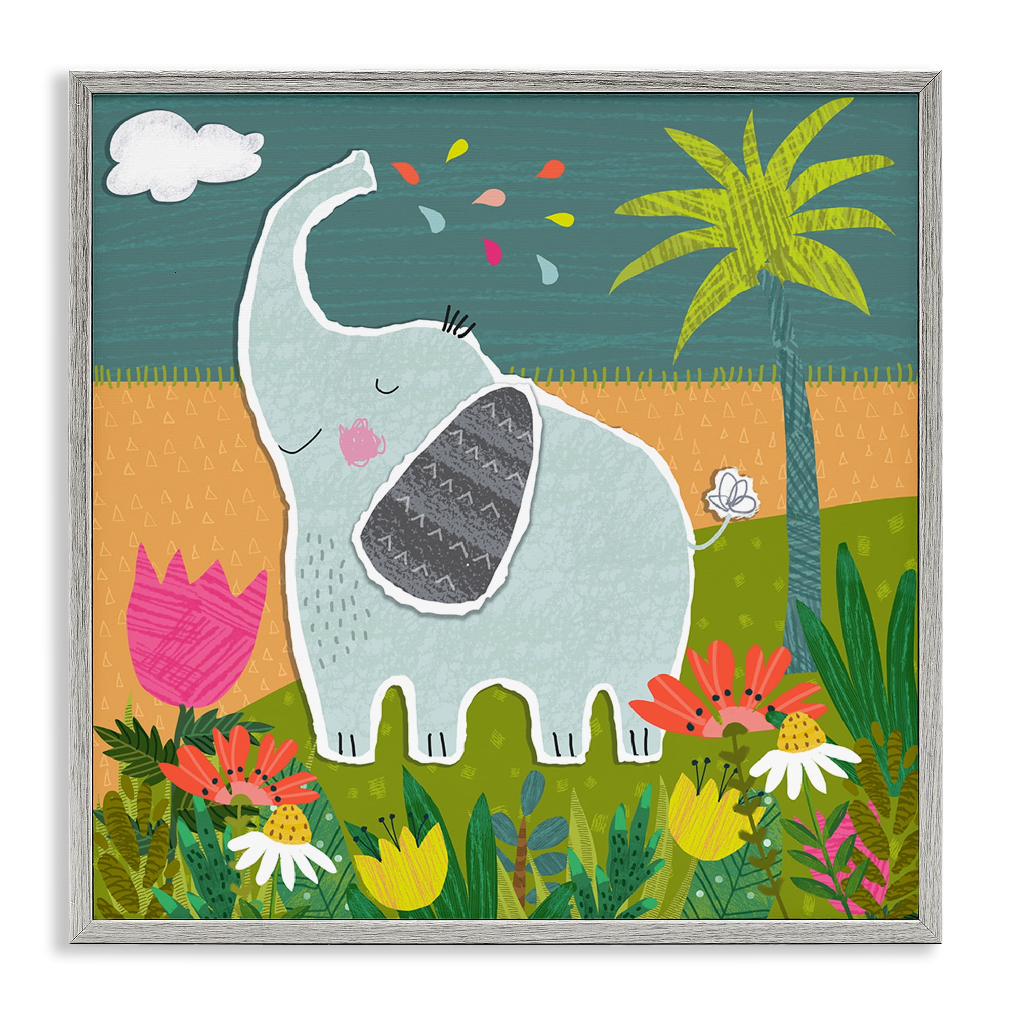 Stupell Industries Tropical Elephant Scene Animals Painting Gray Framed Art Print Wall Art, 12 x 12