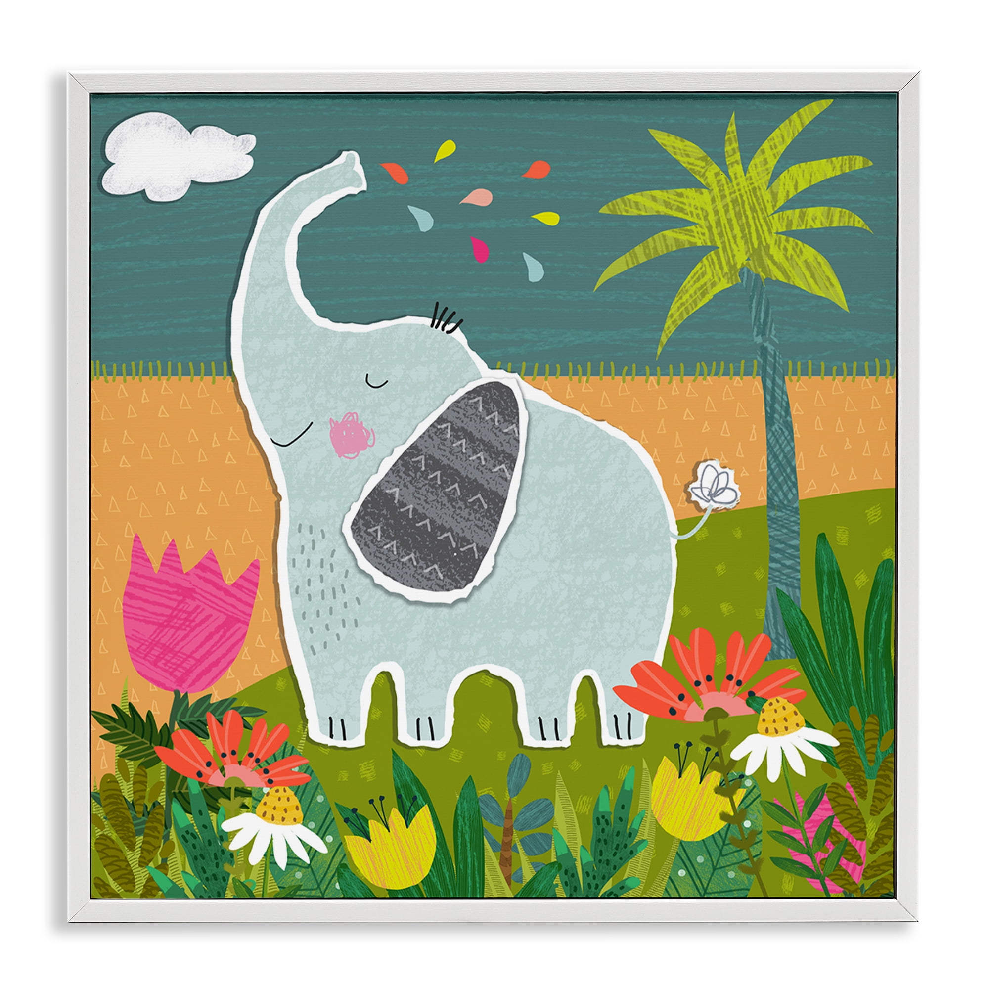 Stupell Industries Tropical Elephant Scene Animals Painting White Framed Art Print Wall Art, 17 x 17