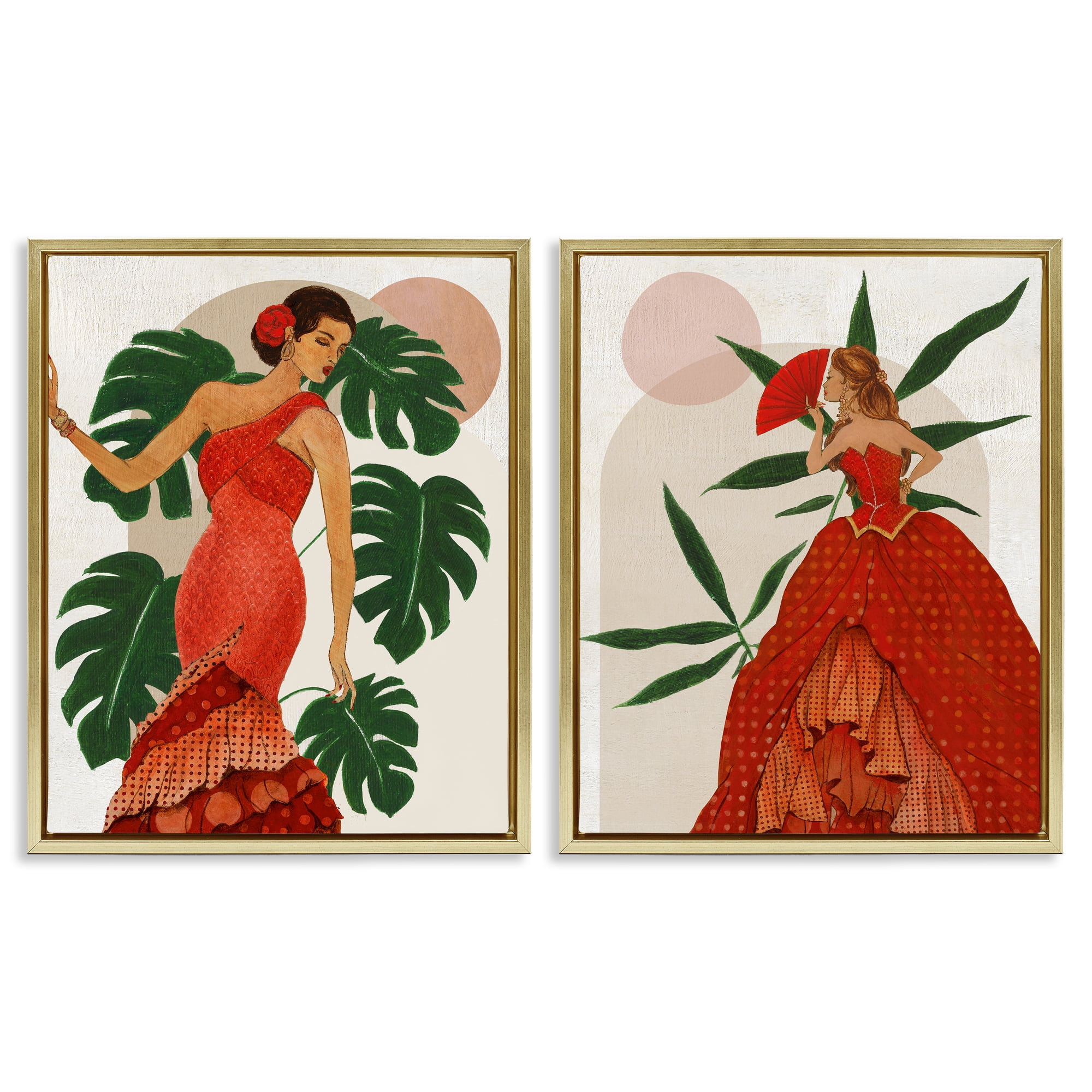 Stupell Industries Tropical Fashionistas in Red People Painting Gold Floater Framed Canvas Art Print Wall Art, 31 x 25, Set of 2