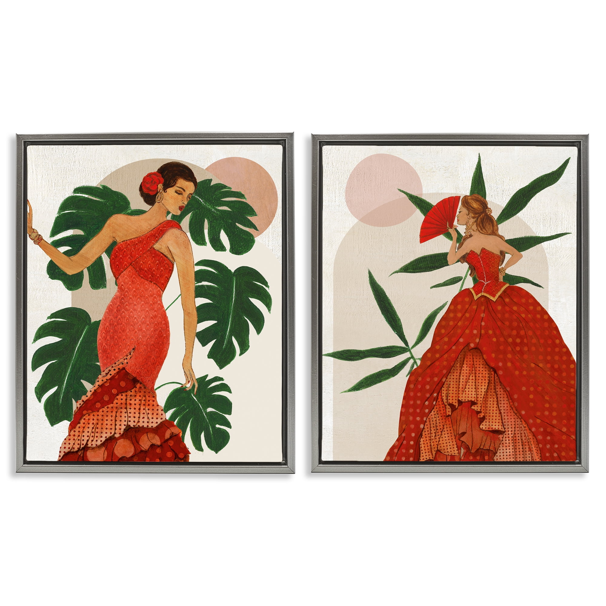 Stupell Industries Tropical Fashionistas in Red People Painting Gray Floater Framed Canvas Art Print Wall Art, 17 x 21, Set of 2