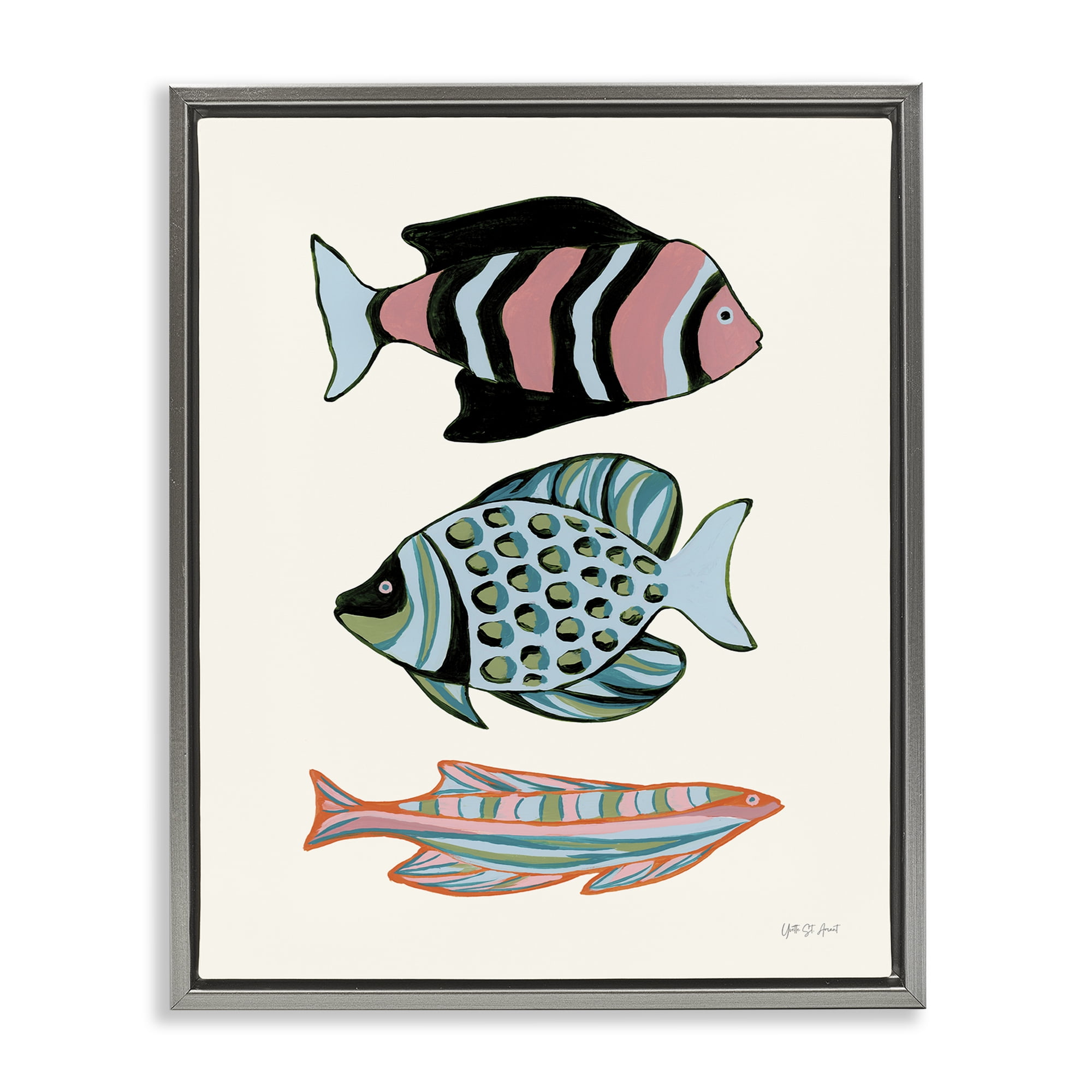 Stupell Industries Tropical Fish Trio Nautical & Beach Painting Gray Floater Framed Canvas Art Print Wall Art, 17 x 21