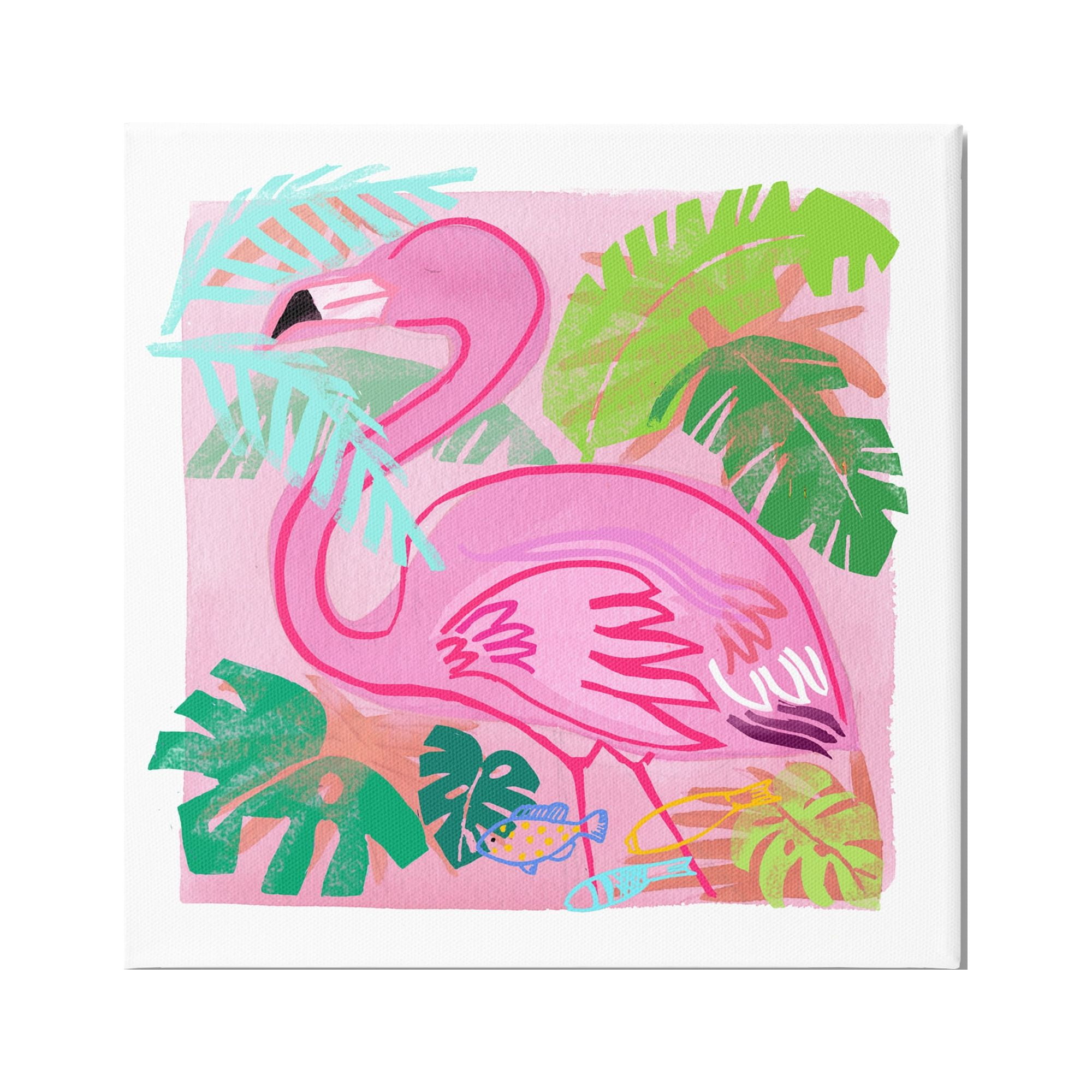 Tropical Flamingo Bird and Beach Leaves 24" x 24" Canvas Art