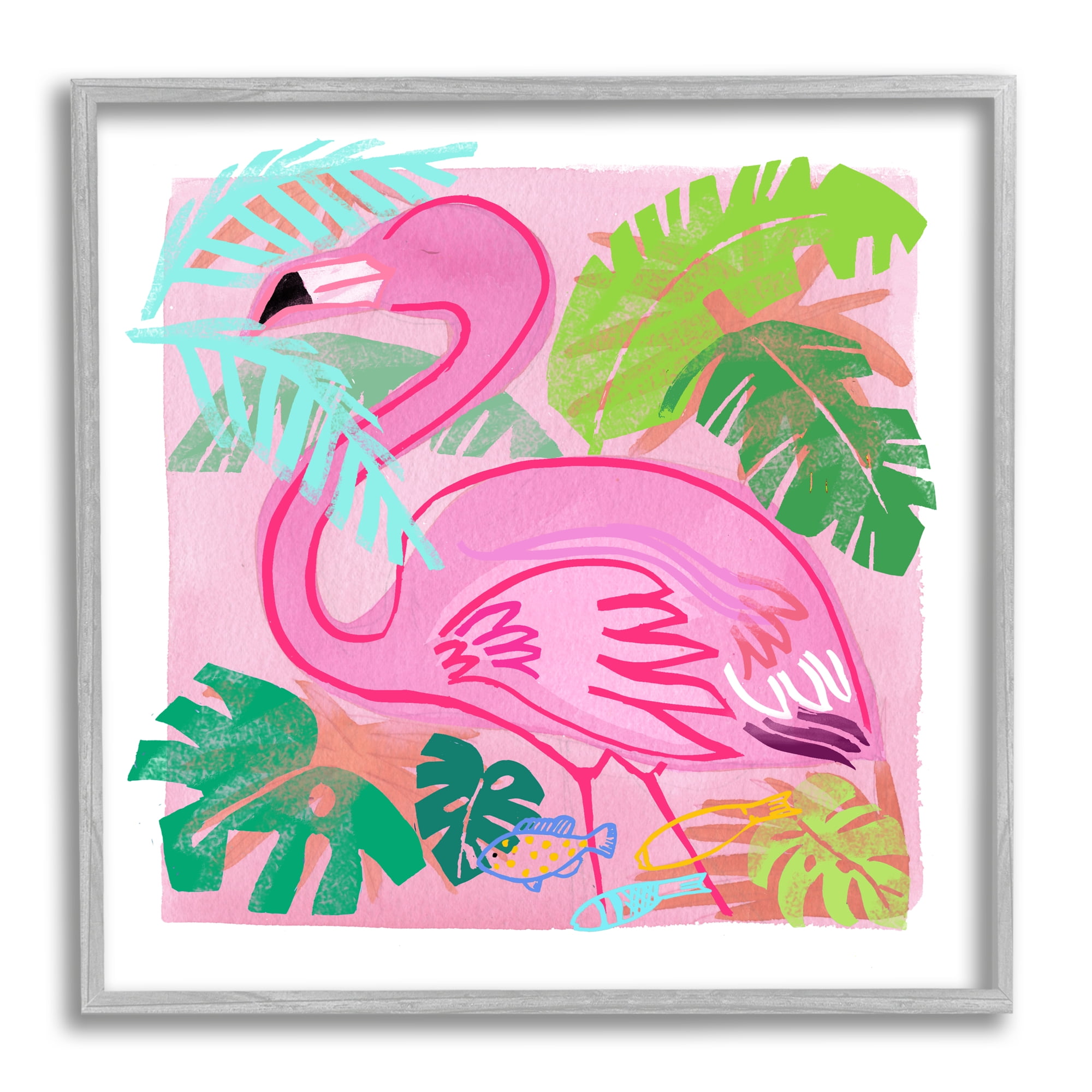 Stupell Industries Tropical Flamingo Bird Layered Fish Beach Leaves Graphic Art Gray Framed Art Print Wall Art, Design by unknown