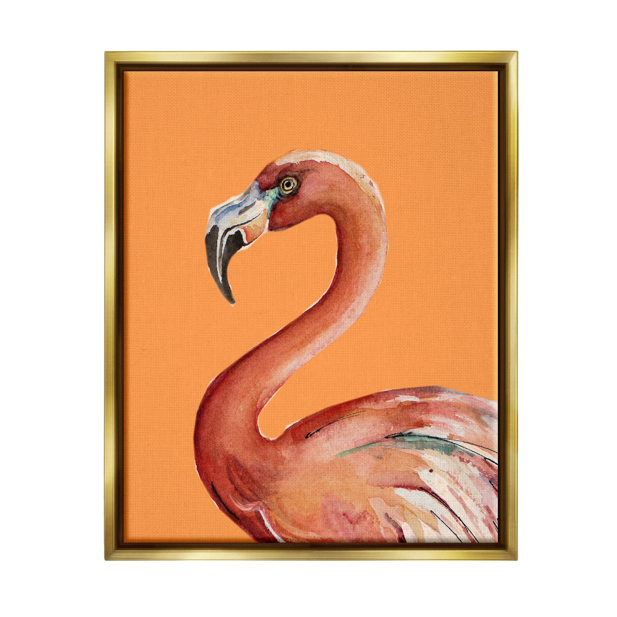 Tropical Flamingo Portrait with Floral Umbrella in Gold Frame