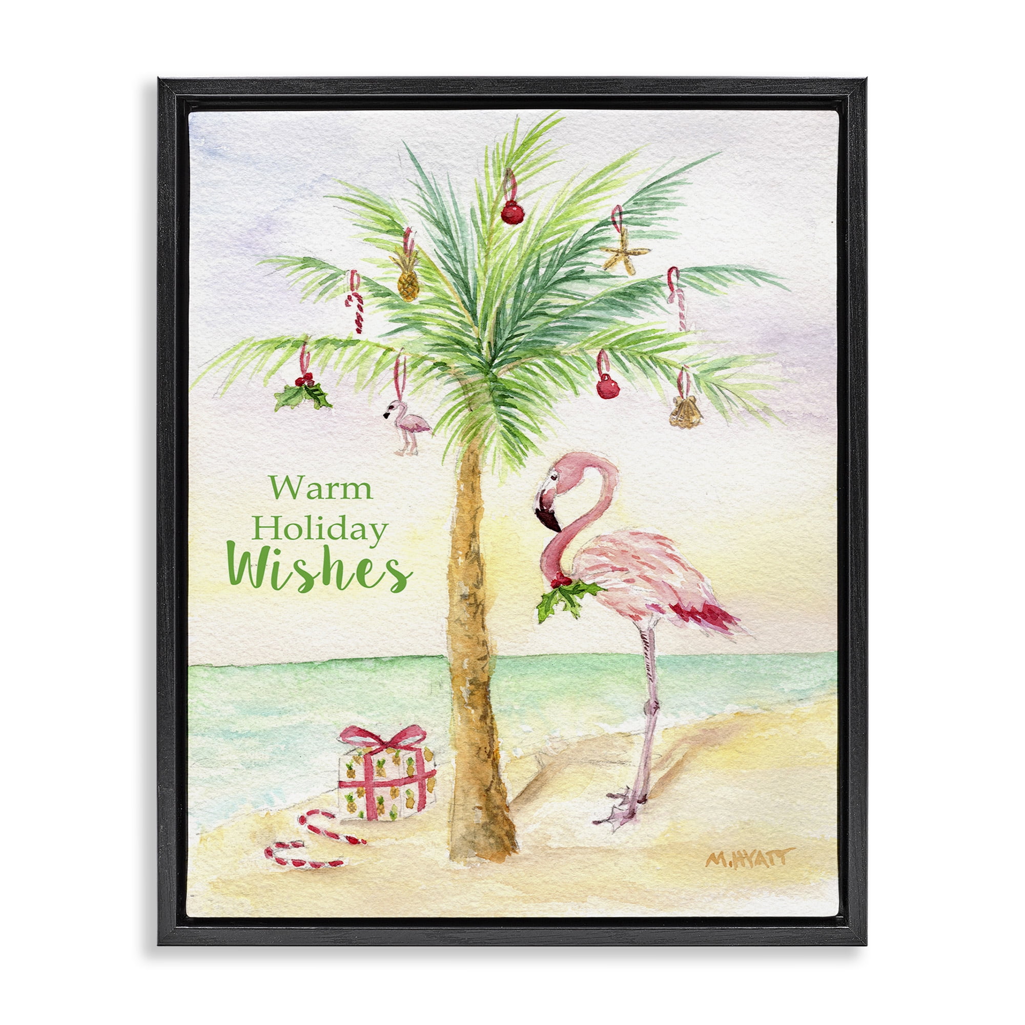 Stupell Industries Tropical Flamingo Christmas Holiday Painting Black Floater Framed Canvas Art Print Wall Art, 17 x 21