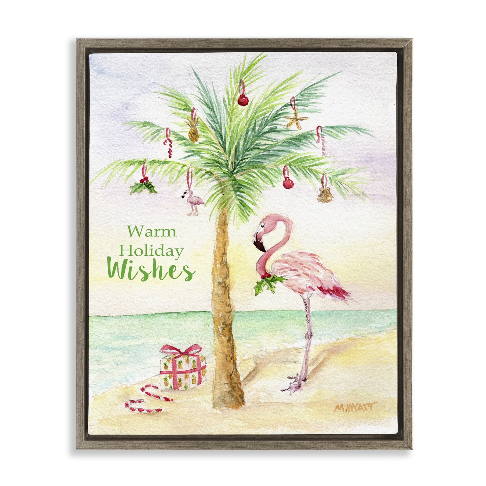 Stupell Industries Tropical Flamingo Christmas Holiday Painting Brown Floater Framed Canvas Art Print Wall Art, 25 x 31