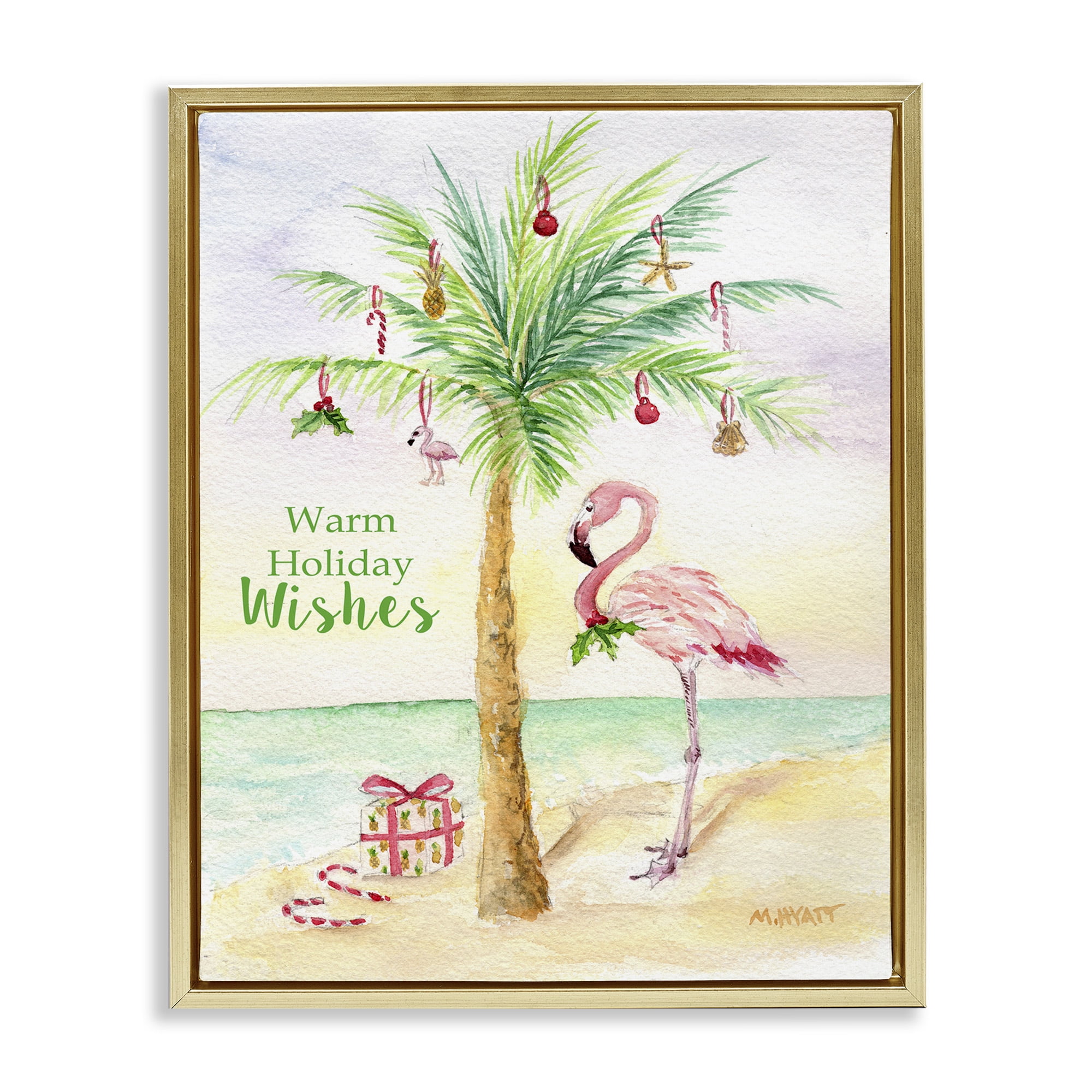 Stupell Industries Tropical Flamingo Christmas Holiday Painting Gold Floater Framed Canvas Art Print Wall Art, 17 x 21