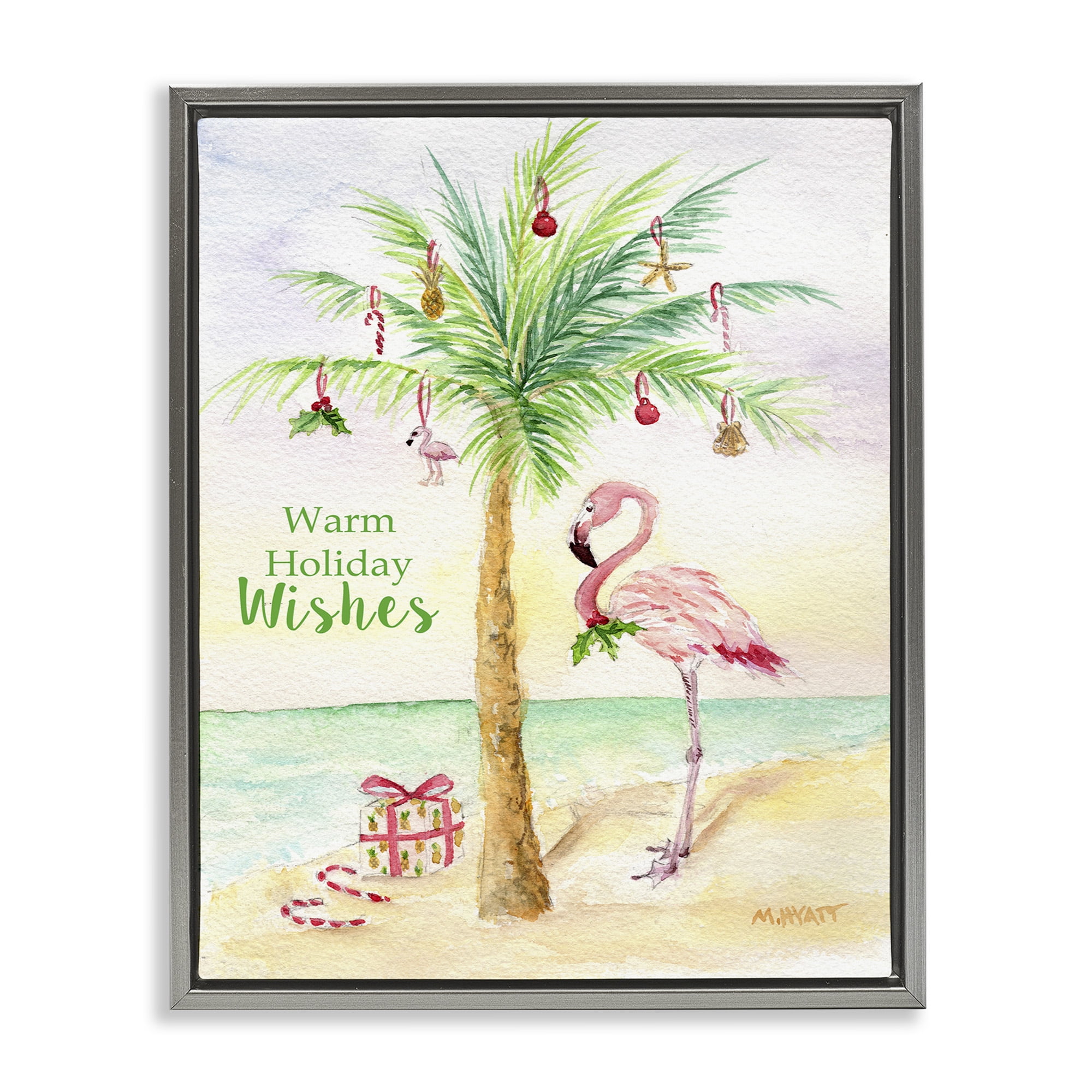 Stupell Industries Tropical Flamingo Christmas Holiday Painting Gray Floater Framed Canvas Art Print Wall Art, 25 x 31