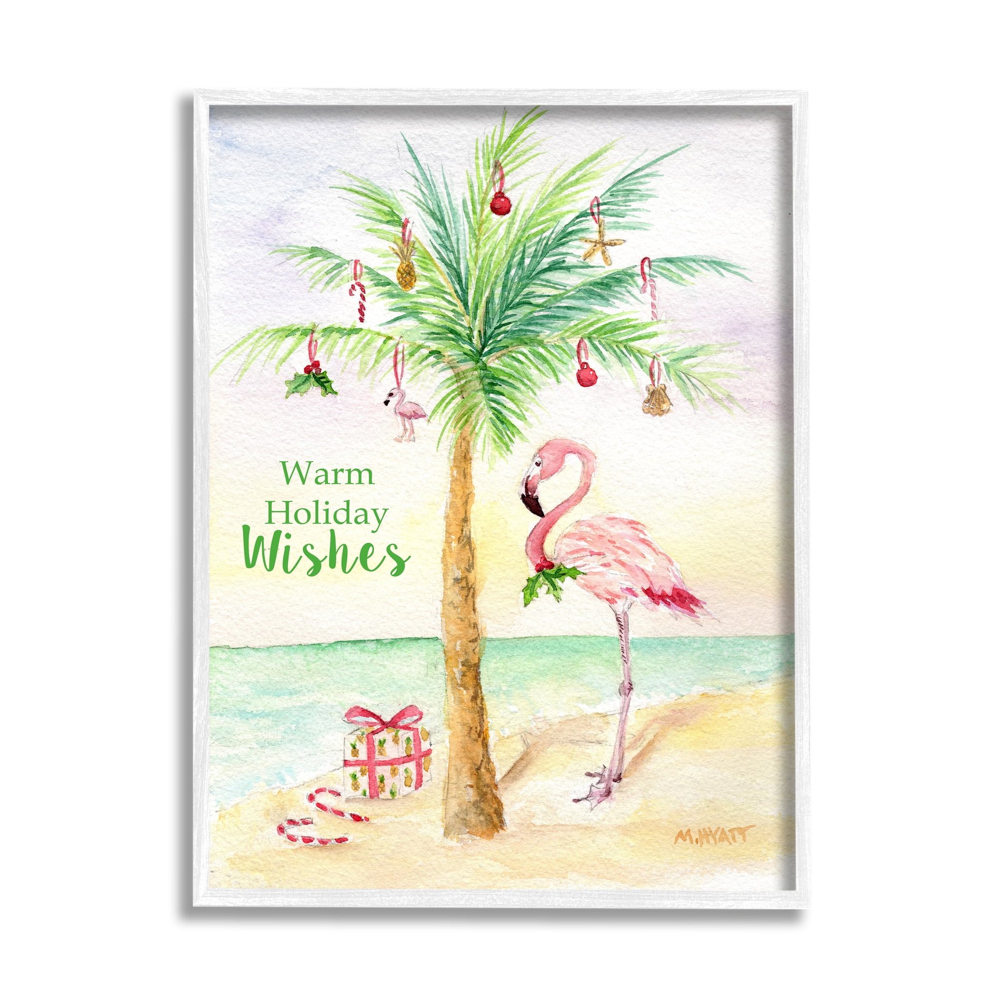 Tropical Flamingo Christmas Palm Tree White Framed Art, 24 x 30
