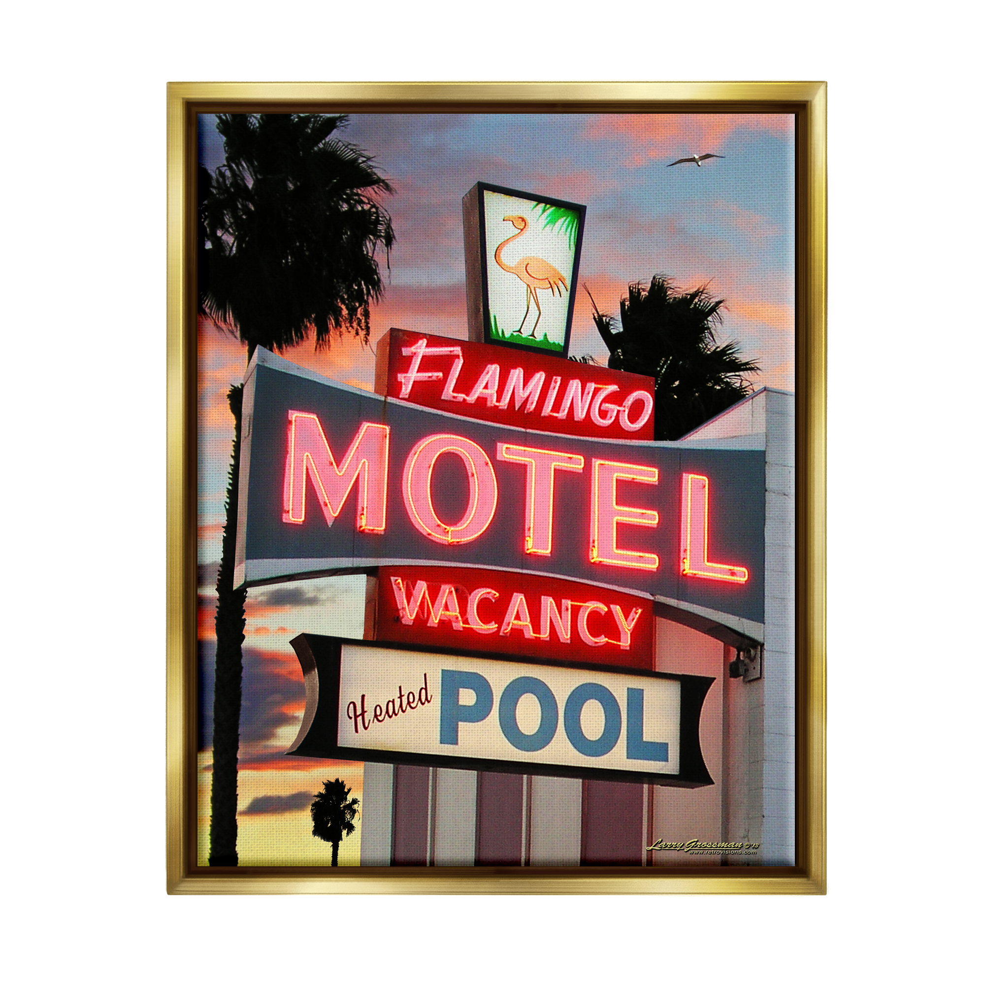 Stupell Industries Tropical Flamingo Motel Nature Painting Gold Floater Framed Canvas Art Print Wall Art, 25 x 31