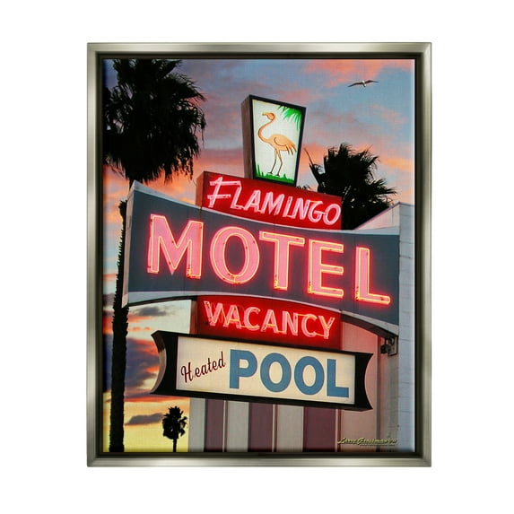 Stupell Industries Tropical Flamingo Motel Nature Painting Gray Floater Framed Canvas Art Print Wall Art, 17 x 21