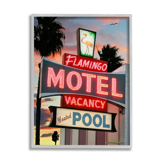 Stupell Industries Tropical Flamingo Motel Nature Painting Gray Framed Art Print Wall Art, 11 x 14