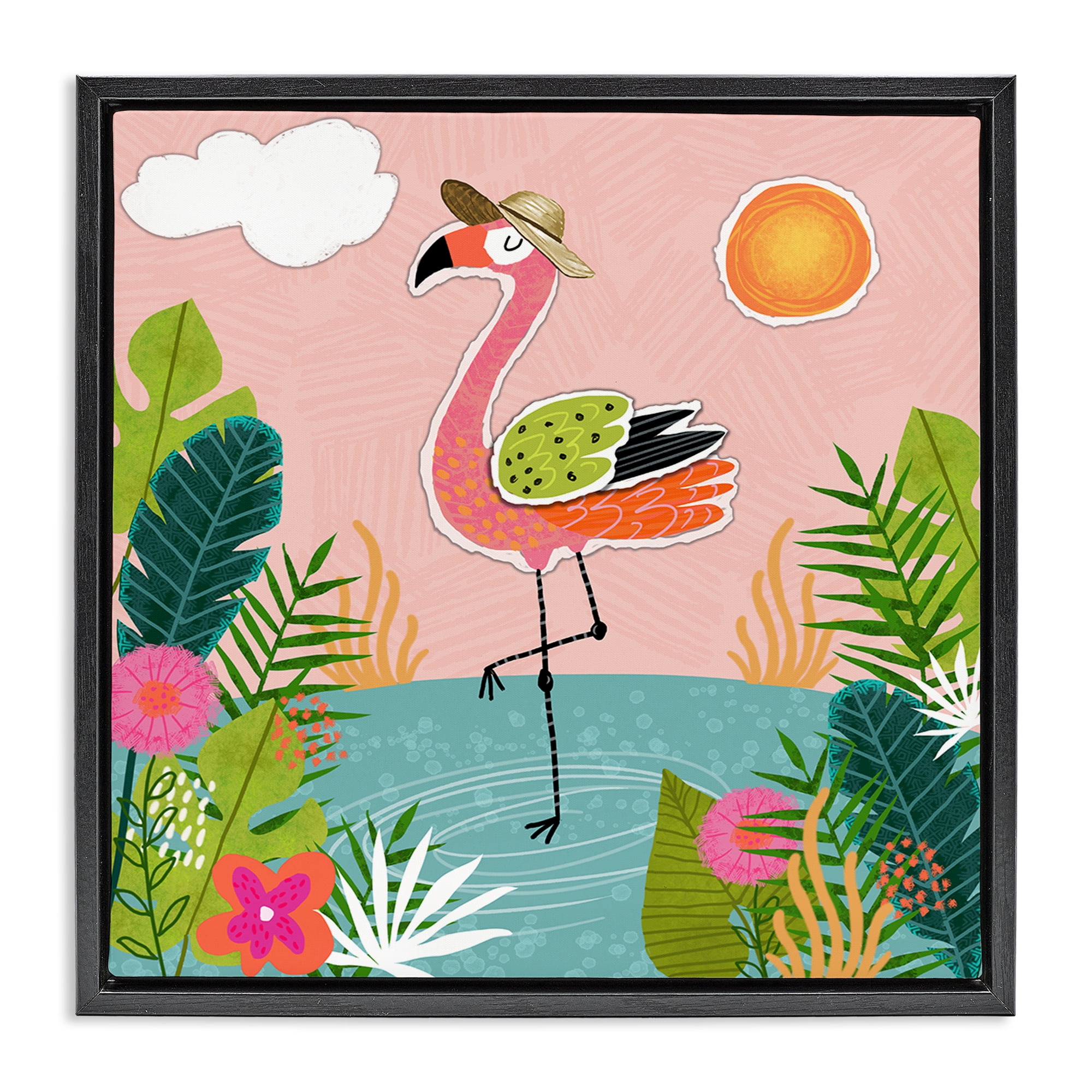 Stupell Industries Tropical Flamingo Pond Animals Painting Black Floater Framed Canvas Art Print Wall Art, 25 x 25