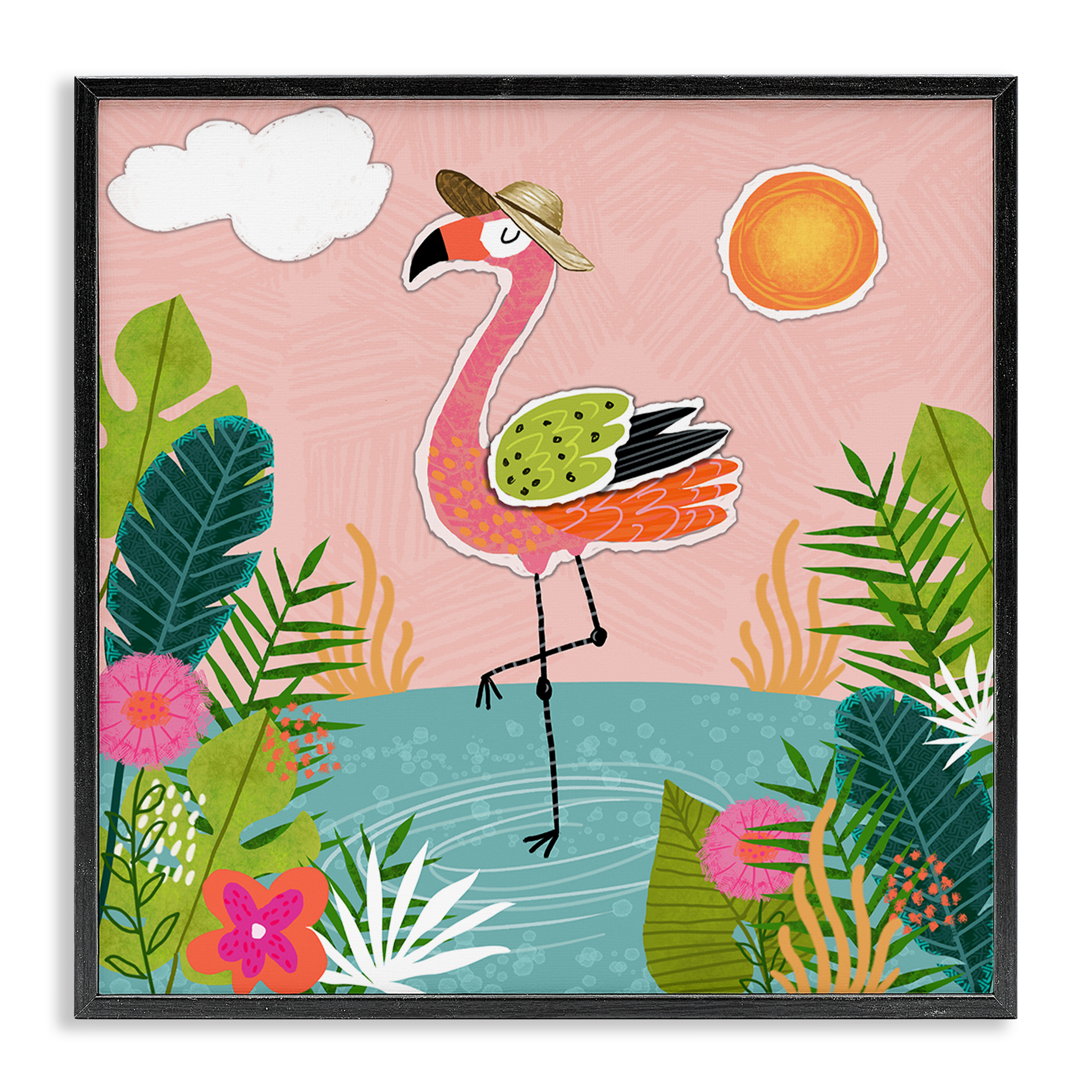 Stupell Industries Tropical Flamingo Pond Animals Painting Black Framed Art Print Wall Art, 17 x 17