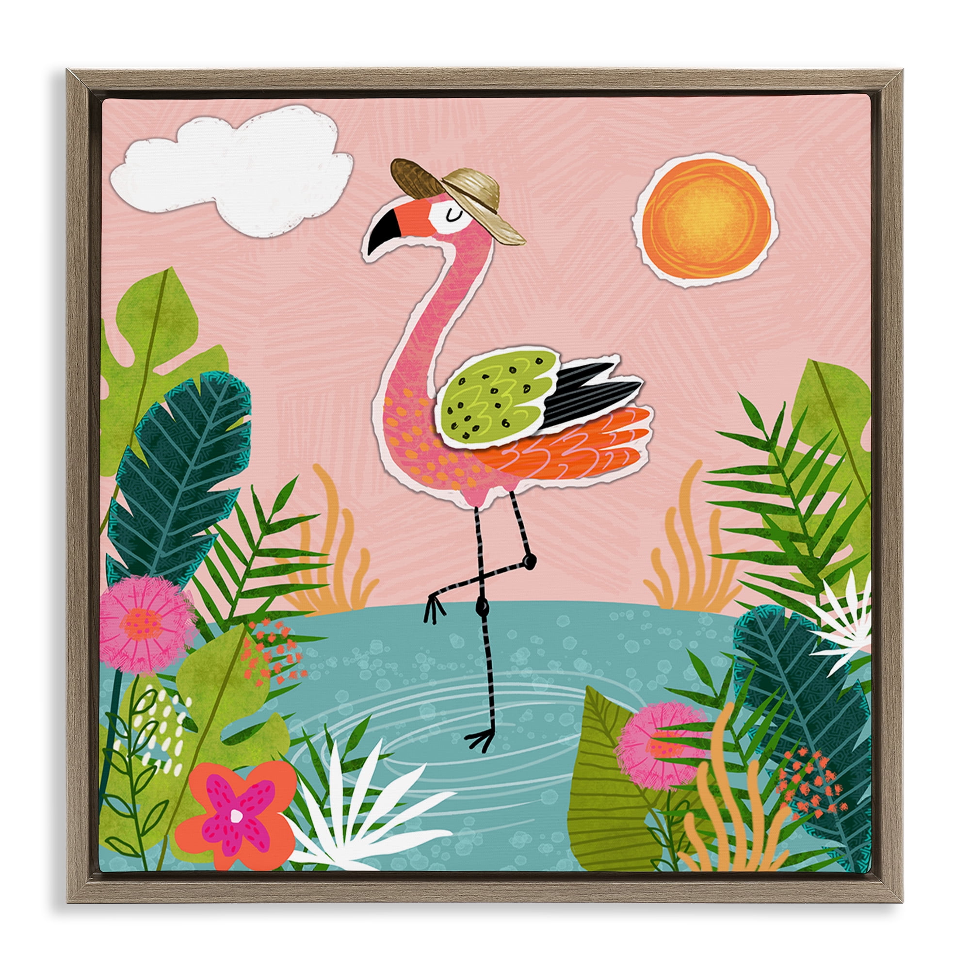 Stupell Industries Tropical Flamingo Pond Animals Painting Brown Floater Framed Canvas Art Print Wall Art, 25 x 25
