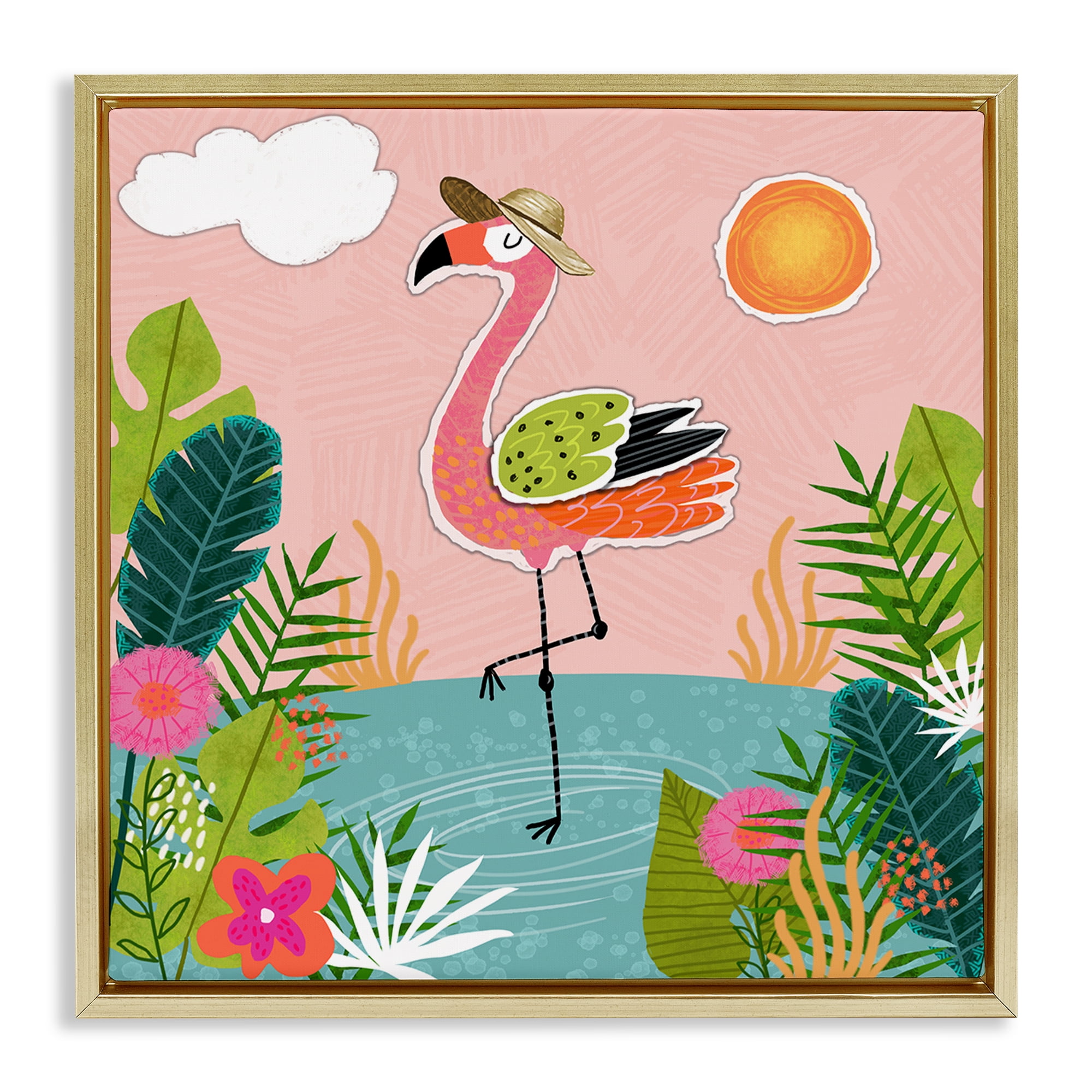 Stupell Industries Tropical Flamingo Pond Animals Painting Gold Floater Framed Canvas Art Print Wall Art, 25 x 25
