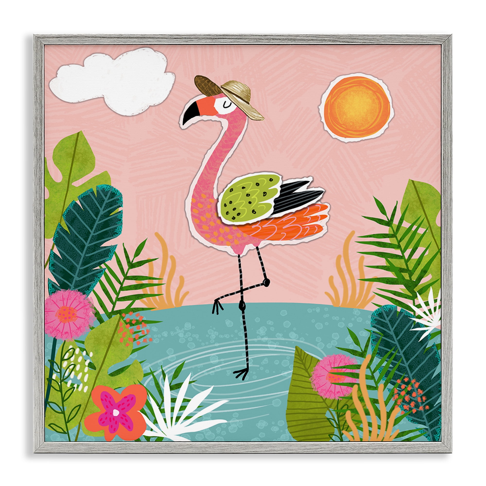Stupell Industries Tropical Flamingo Pond Animals Painting Gray Framed Art Print Wall Art, 12 x 12
