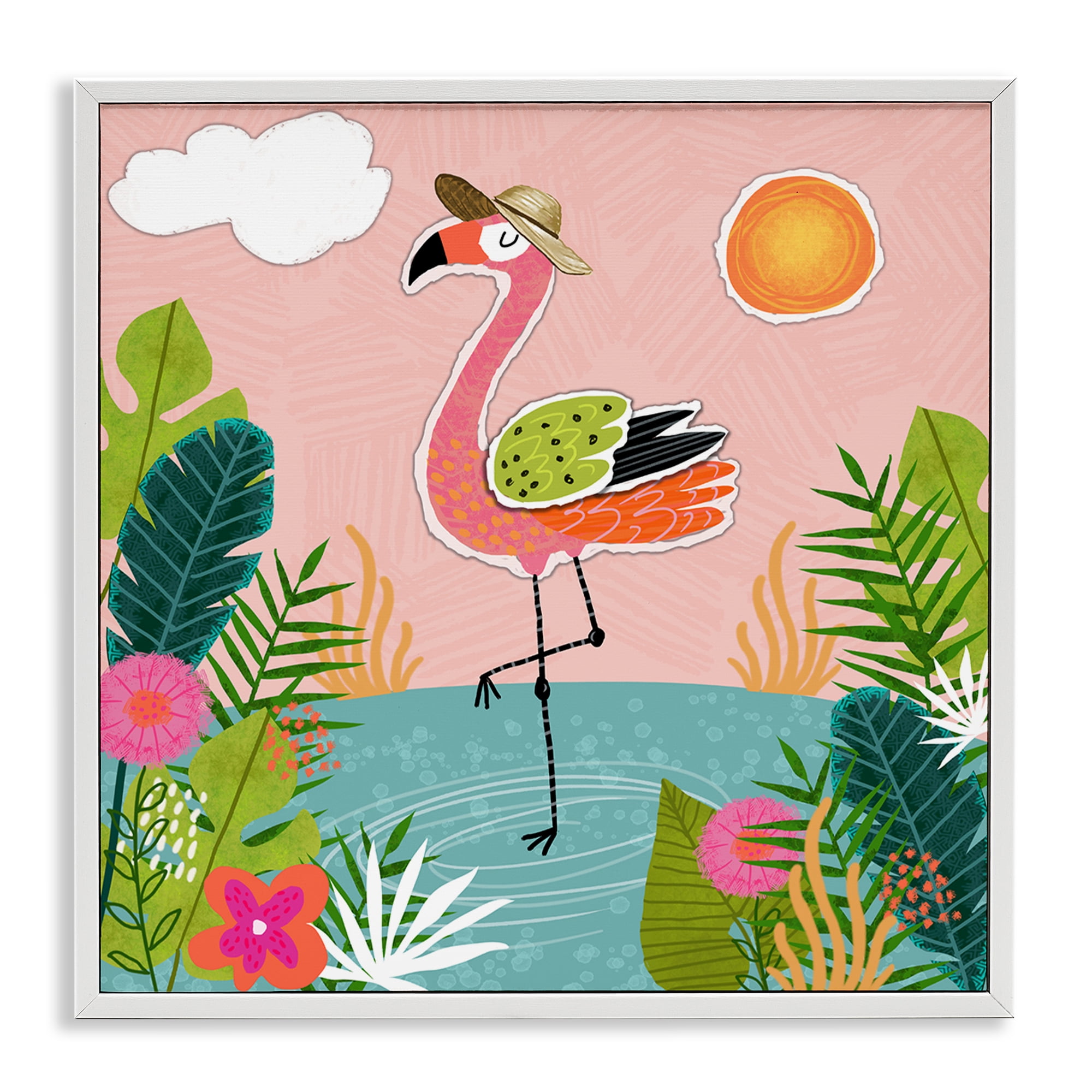 Stupell Industries Tropical Flamingo Pond Animals Painting White Framed Art Print Wall Art, 12 x 12