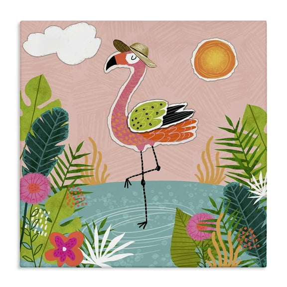 Stupell Industries Tropical Flamingo Pond Animals Painting Wrapped Canvas Art Print Wall Art, 17 x 17
