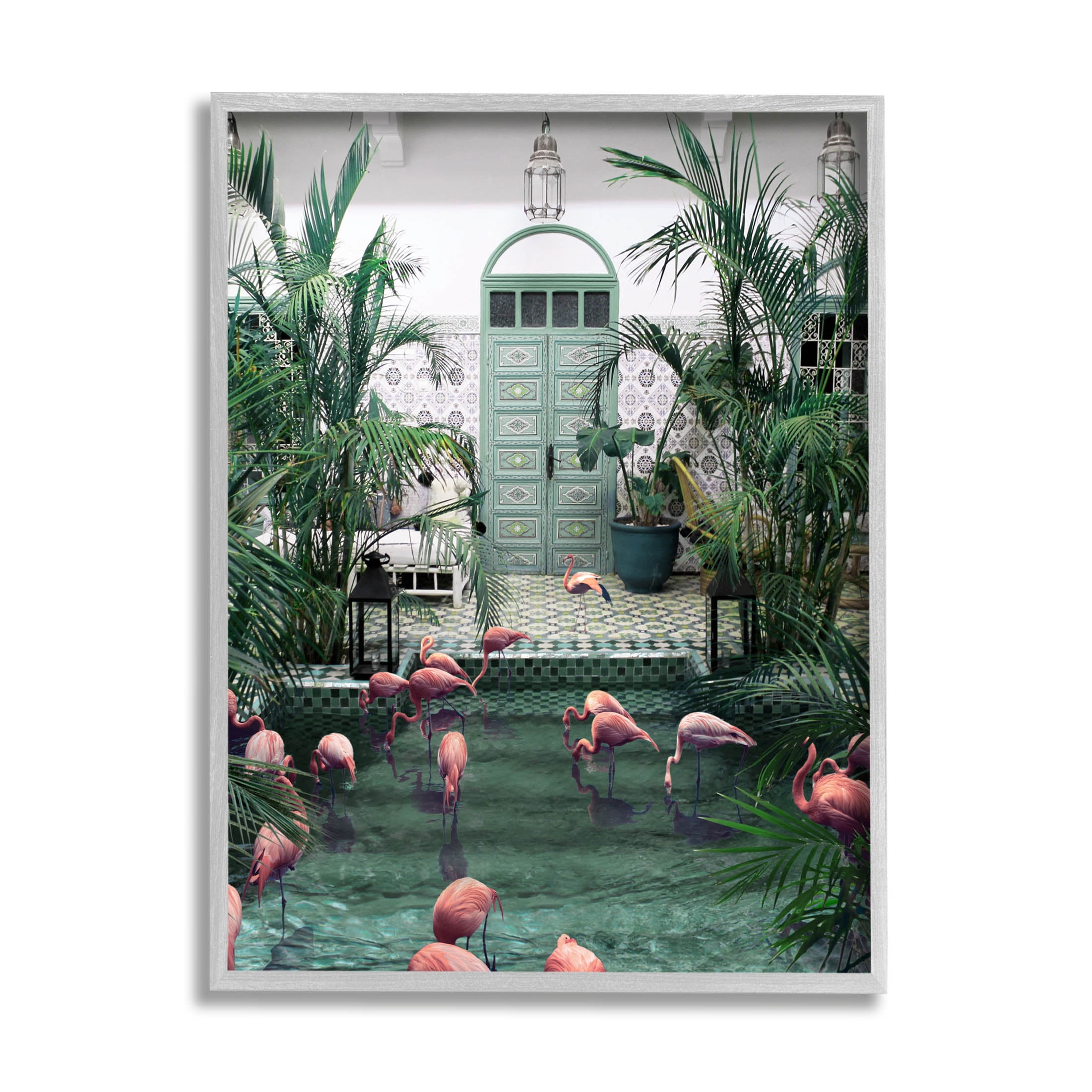 Tropical Flamingo Pool Resort Canvas Print in Gray Frame