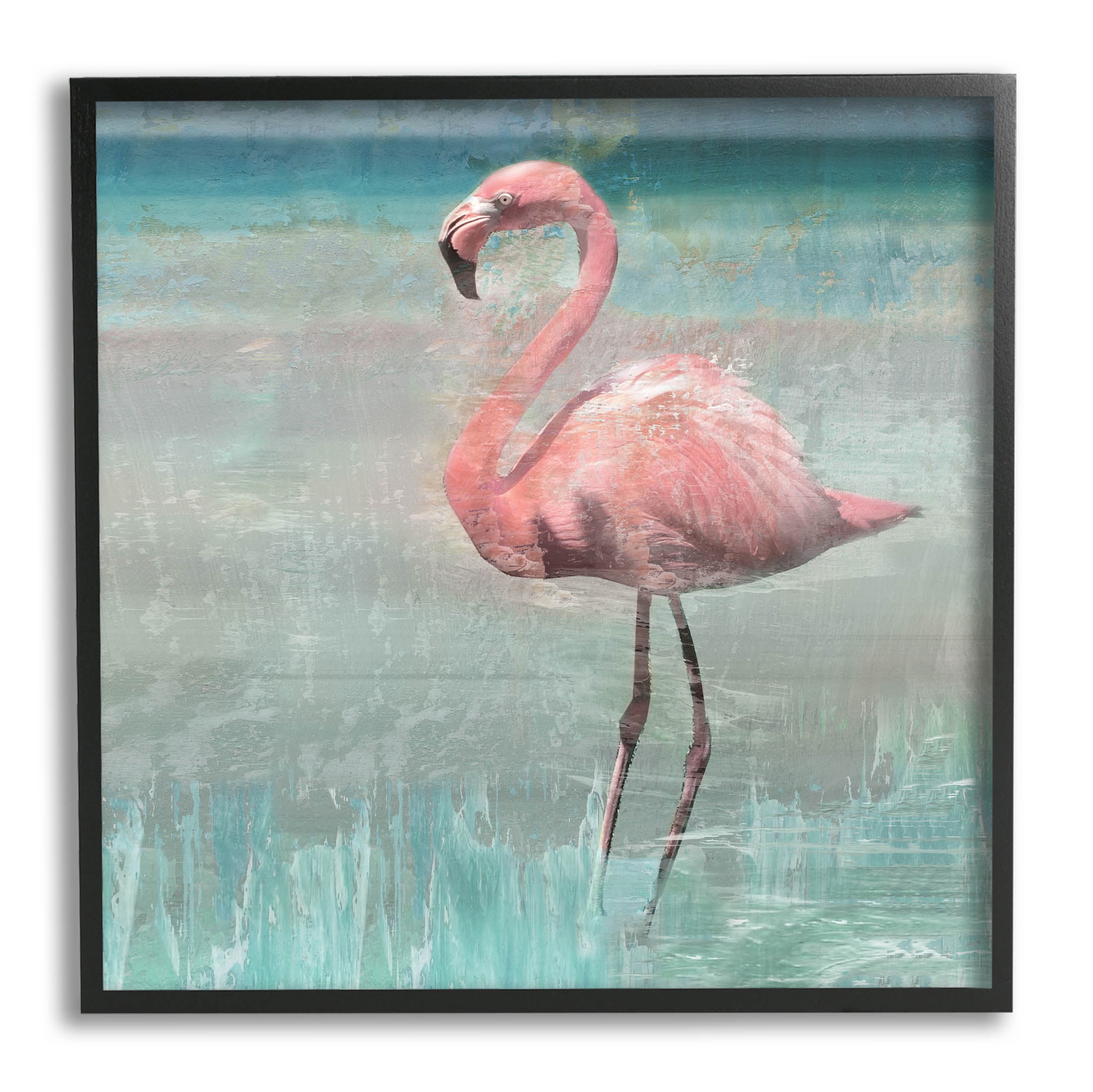 Tropical Flamingo Standing Collage Black Framed Art Print