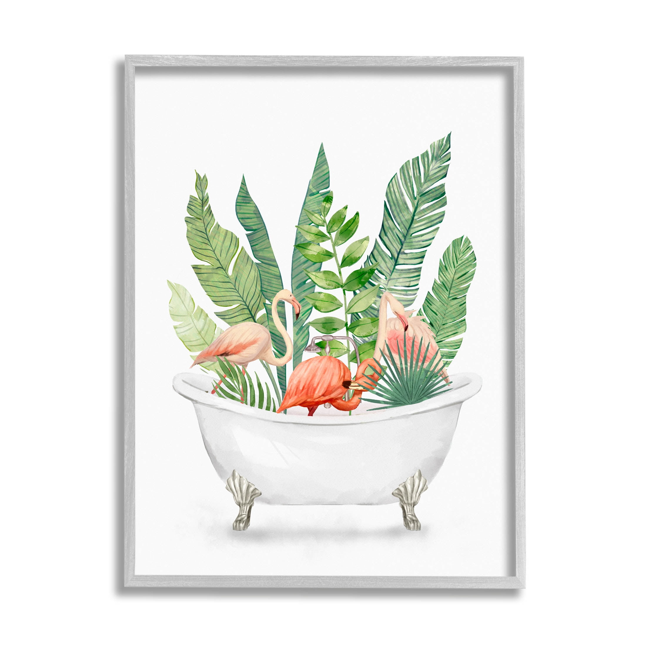 Gray Framed Tropical Flamingoes Bathtub Canvas Print, 16 x 20